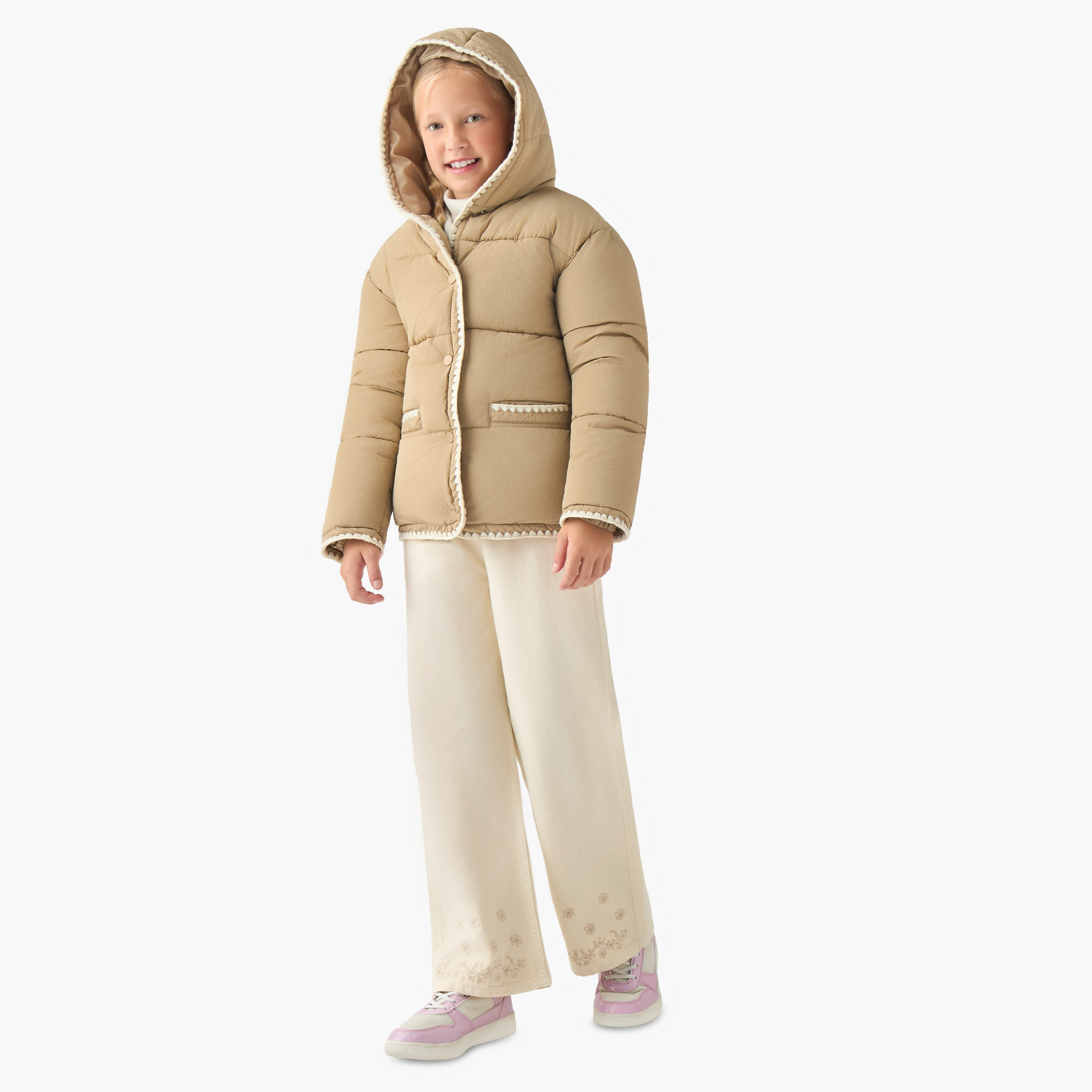 جاكيت ثقيل منفوخ بقبعة وأزرار إغلاق وحواف صدفية من إليجو-girls-clothing-jacketsandcoats-image-4