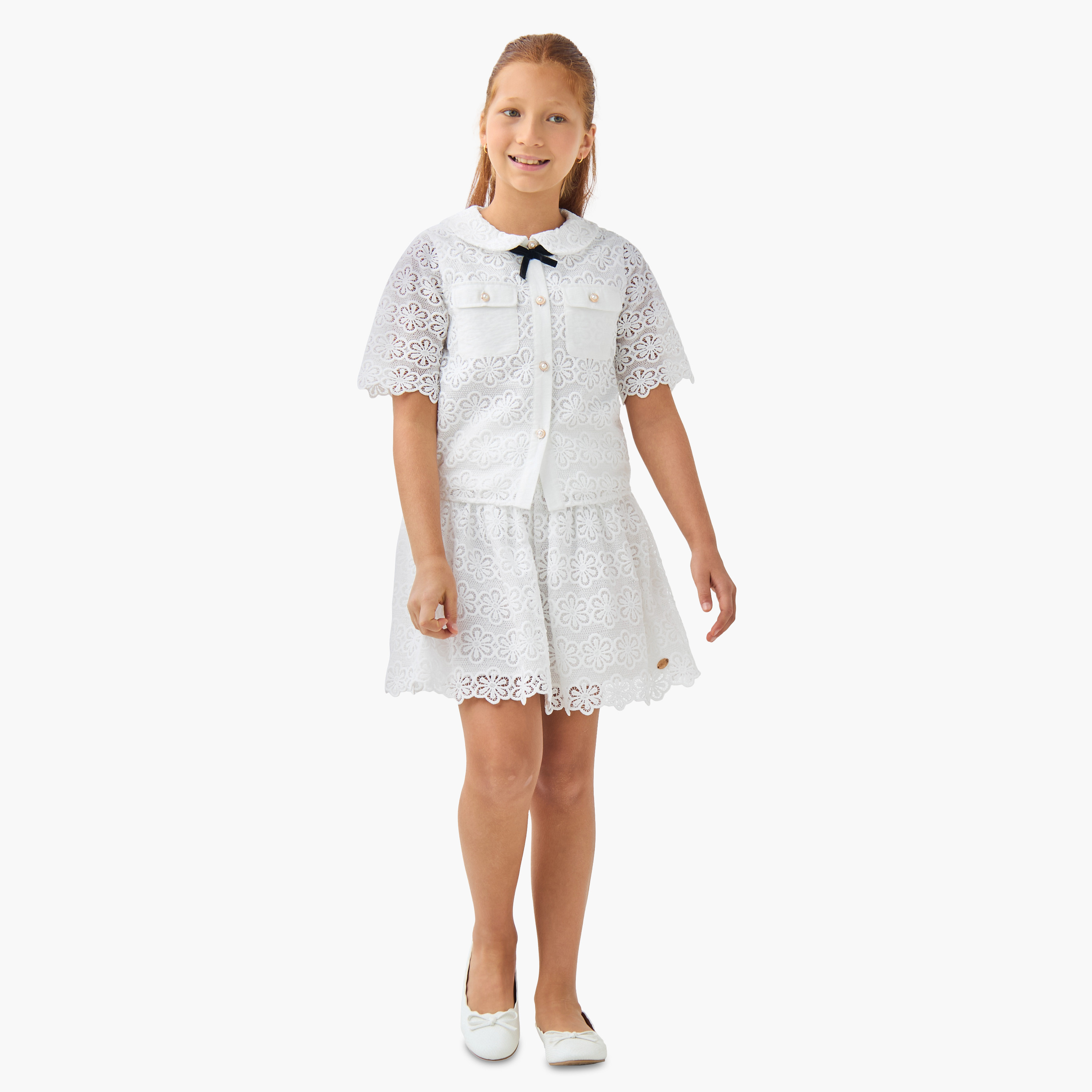 طقم قميص وتنورة مع تفاصيل دانتيل - قطن - بأكمام قصيرة - بياقة للبنات من إليجو-girls-clothing-setsandcoords-image-1