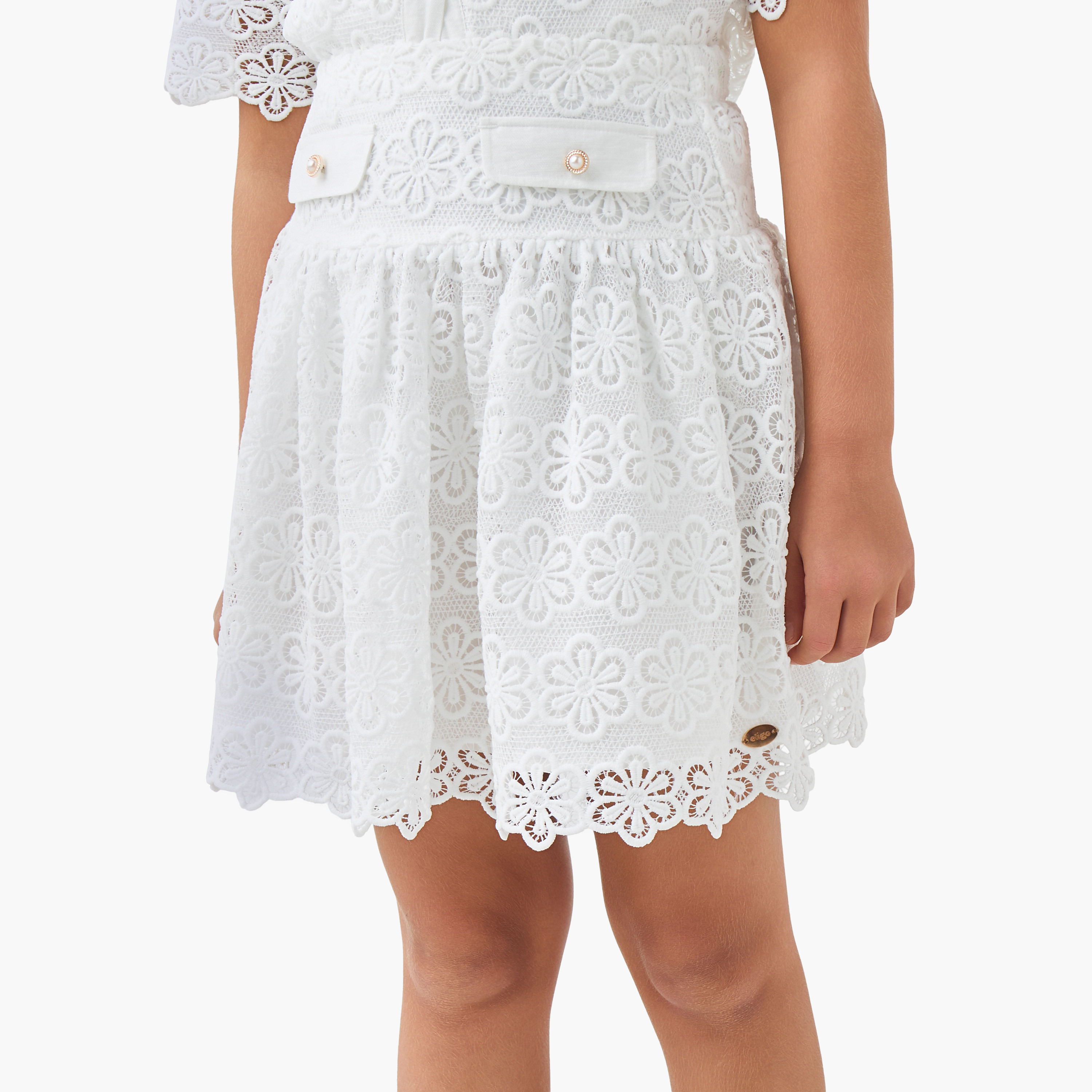 طقم قميص وتنورة مع تفاصيل دانتيل - قطن - بأكمام قصيرة - بياقة للبنات من إليجو-girls-clothing-setsandcoords-image-3
