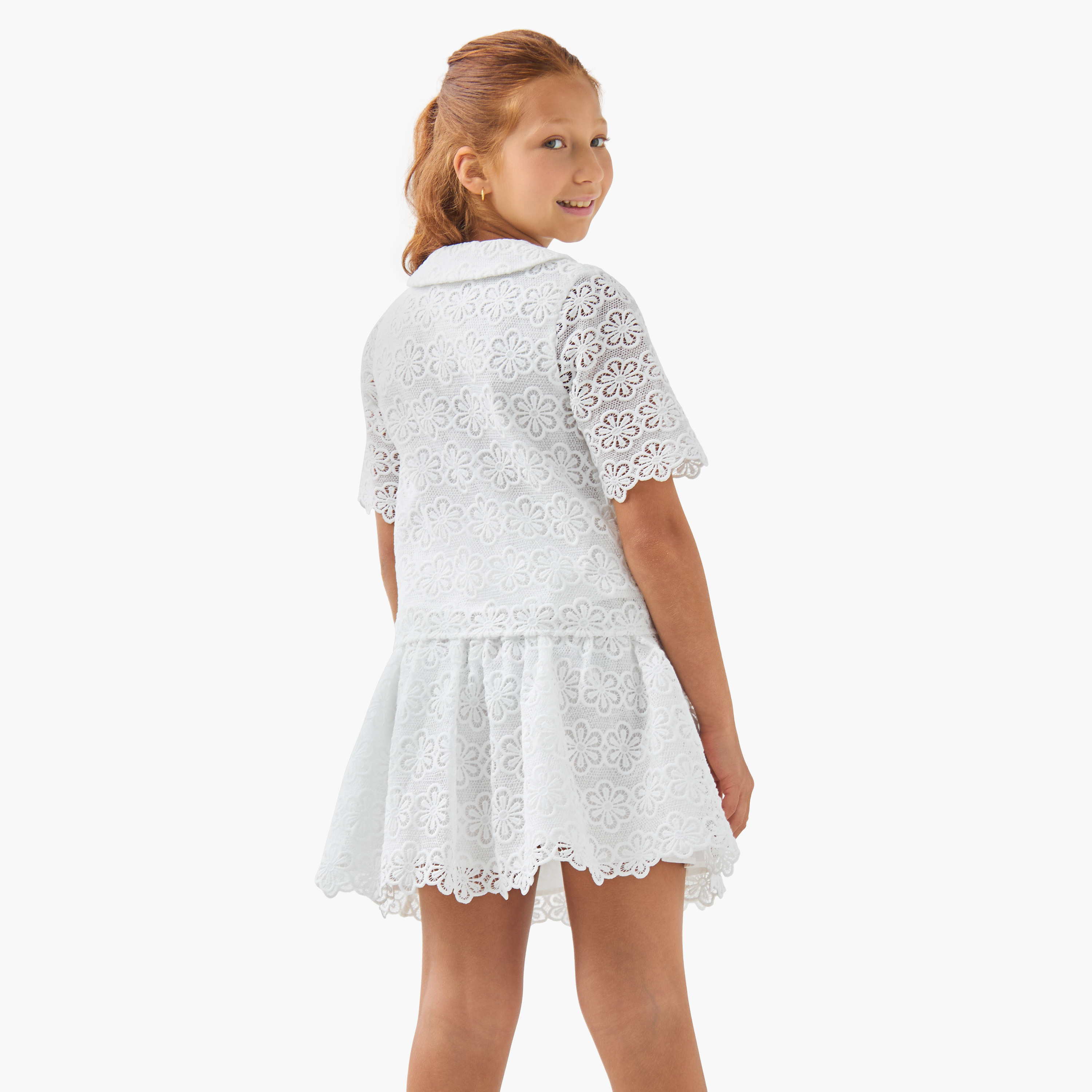 طقم قميص وتنورة مع تفاصيل دانتيل - قطن - بأكمام قصيرة - بياقة للبنات من إليجو-girls-clothing-setsandcoords-image-4