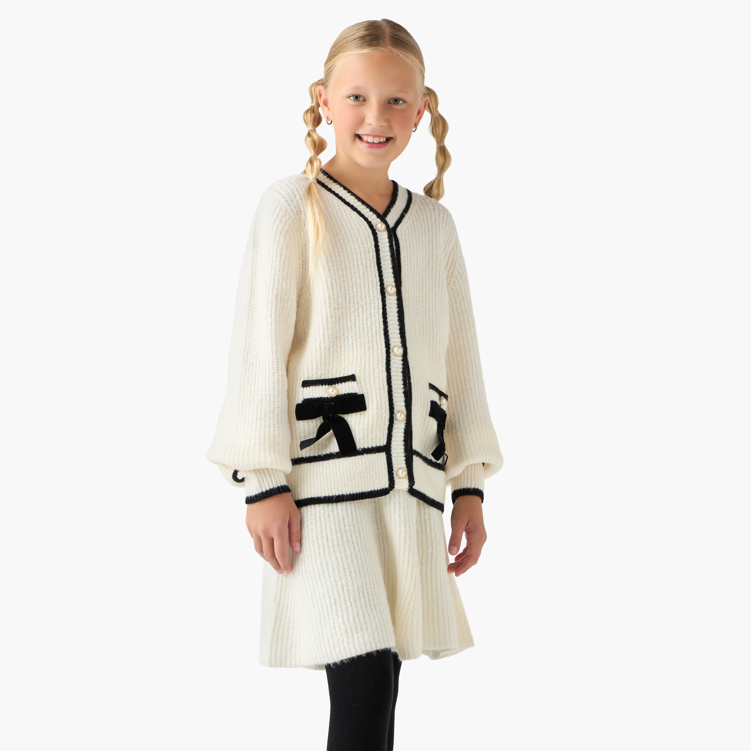 Eligo Girls Bow Detail Sweater with Skirt and Stockings Set - Wool - Long Sleeves - V-neck-girls-clothing-setsandcoords-image-1