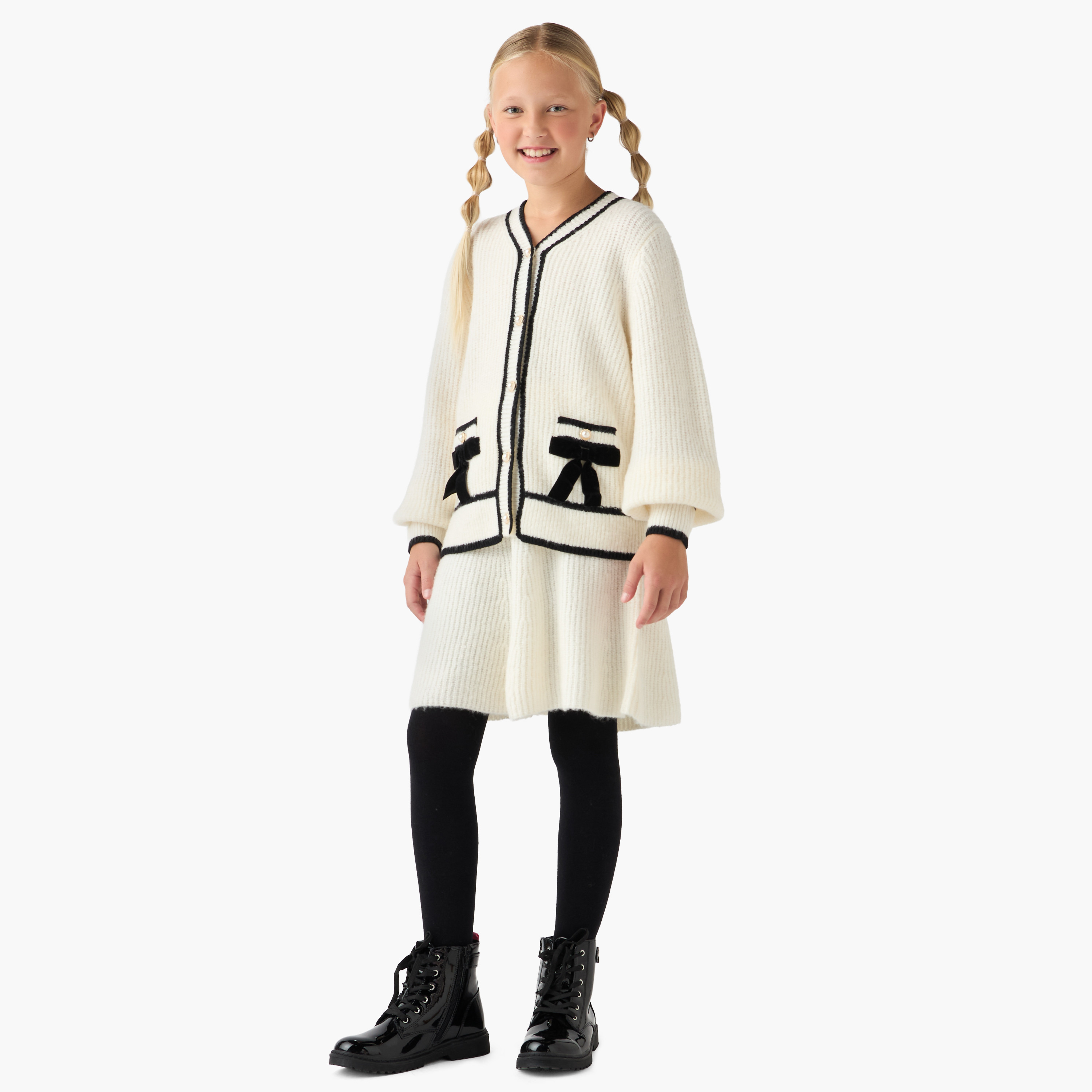 Eligo Girls Bow Detail Sweater with Skirt and Stockings Set - Wool - Long Sleeves - V-neck-girls-clothing-setsandcoords-image-2