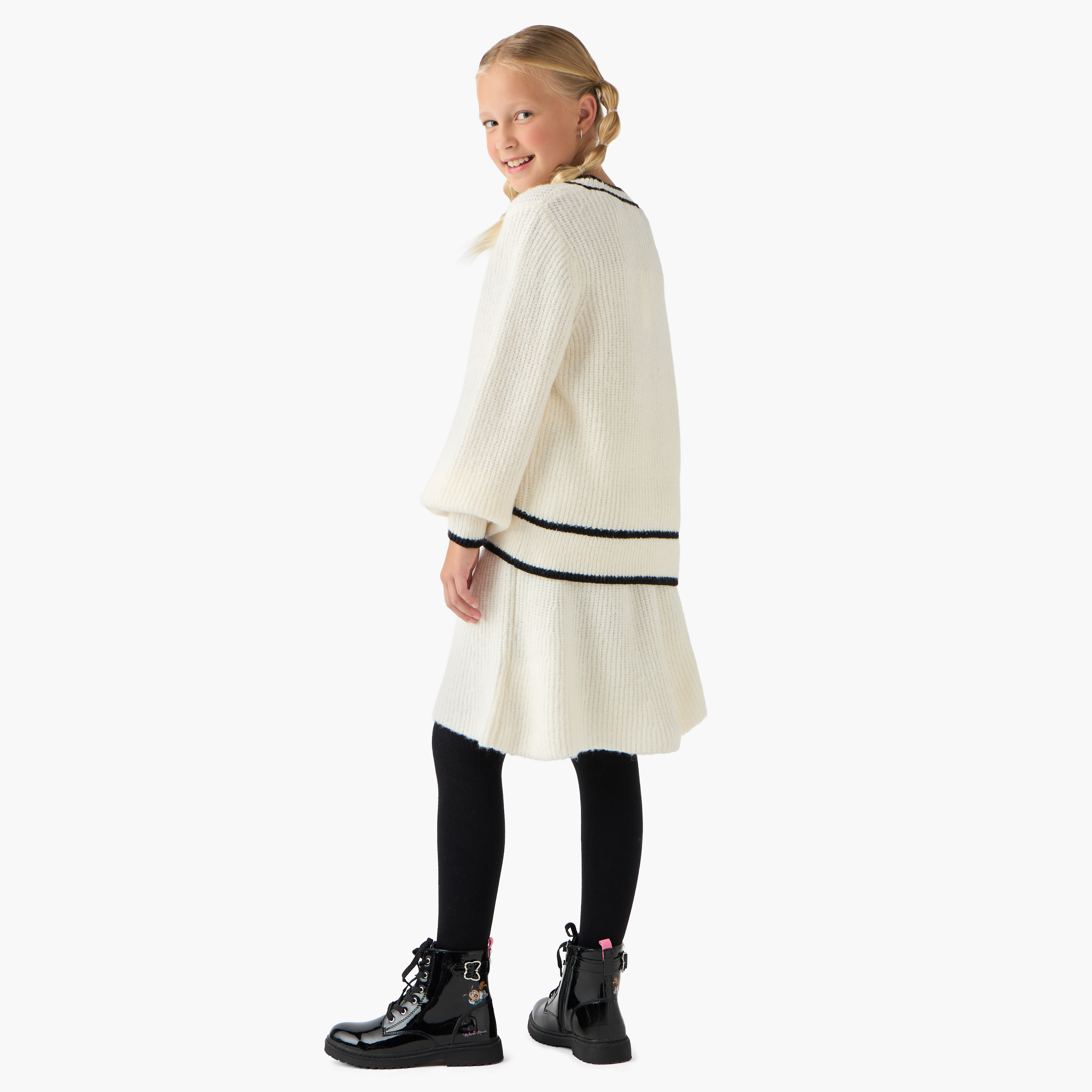 Eligo Girls Bow Detail Sweater with Skirt and Stockings Set - Wool - Long Sleeves - V-neck-girls-clothing-setsandcoords-image-3