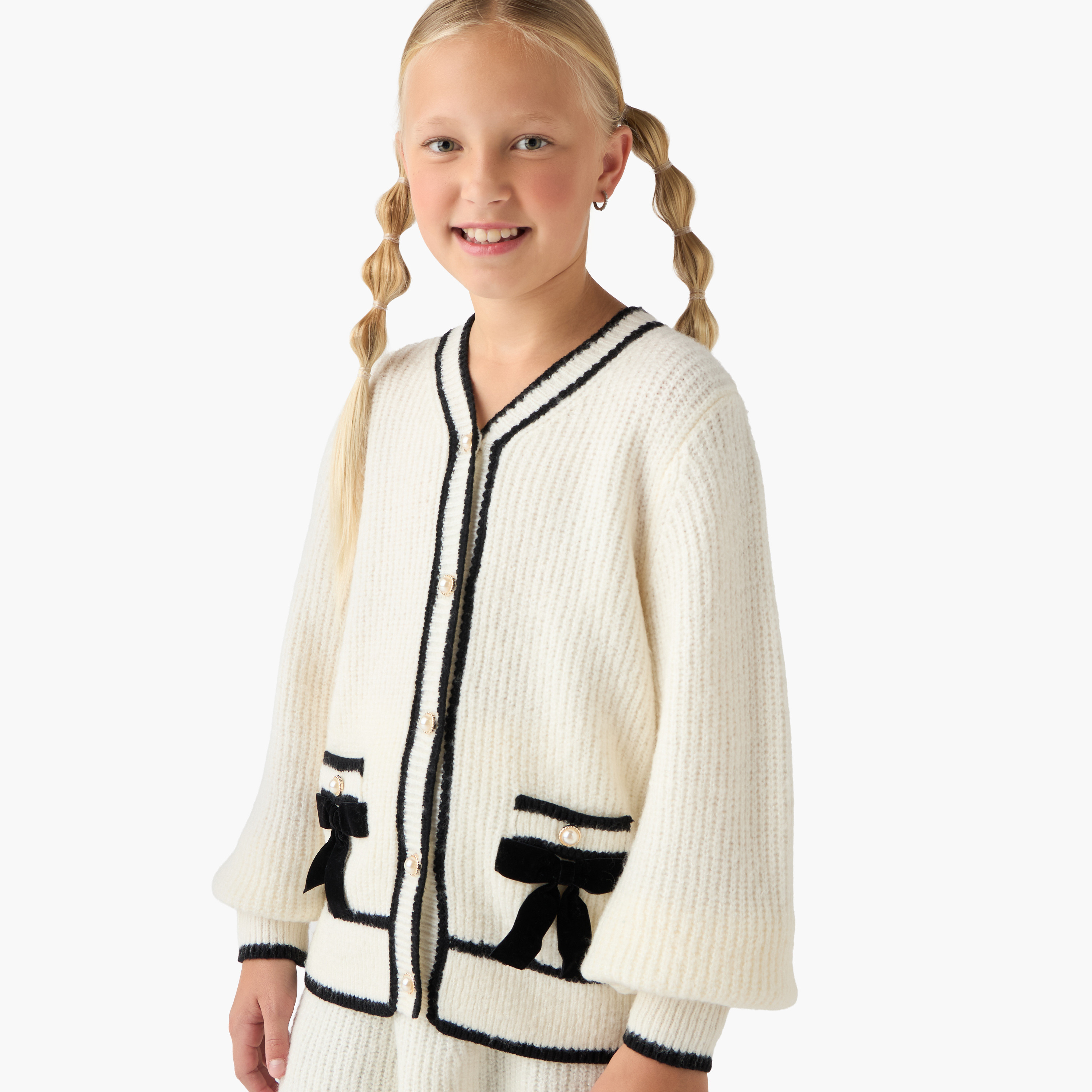 Eligo Girls Bow Detail Sweater with Skirt and Stockings Set - Wool - Long Sleeves - V-neck-girls-clothing-setsandcoords-image-5