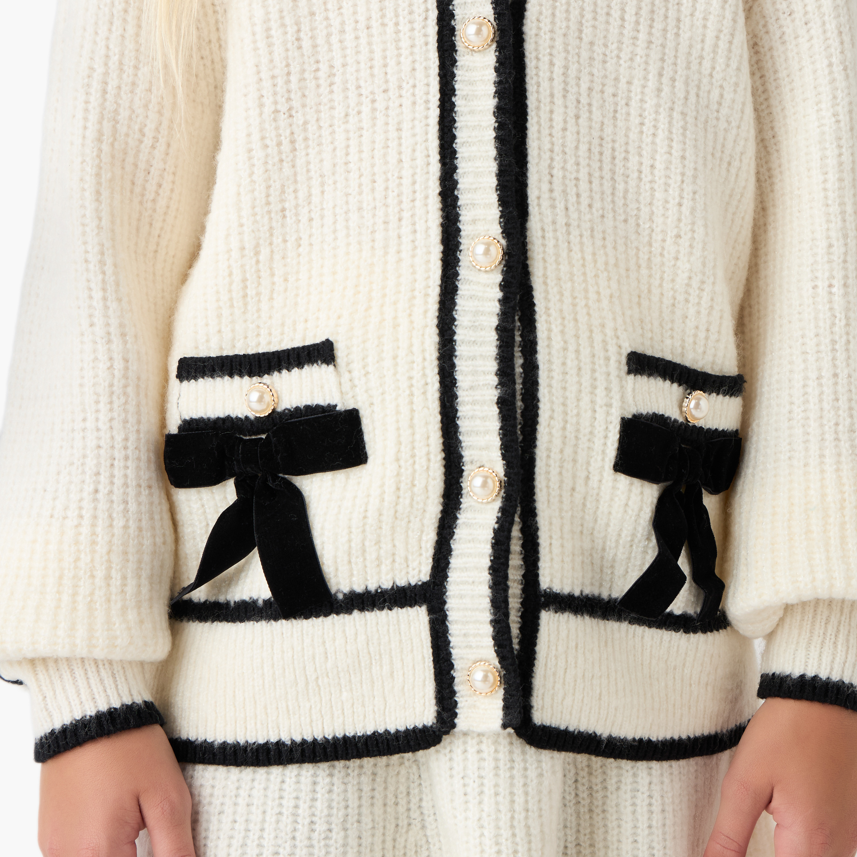 Eligo Girls Bow Detail Sweater with Skirt and Stockings Set - Wool - Long Sleeves - V-neck-girls-clothing-setsandcoords-image-7