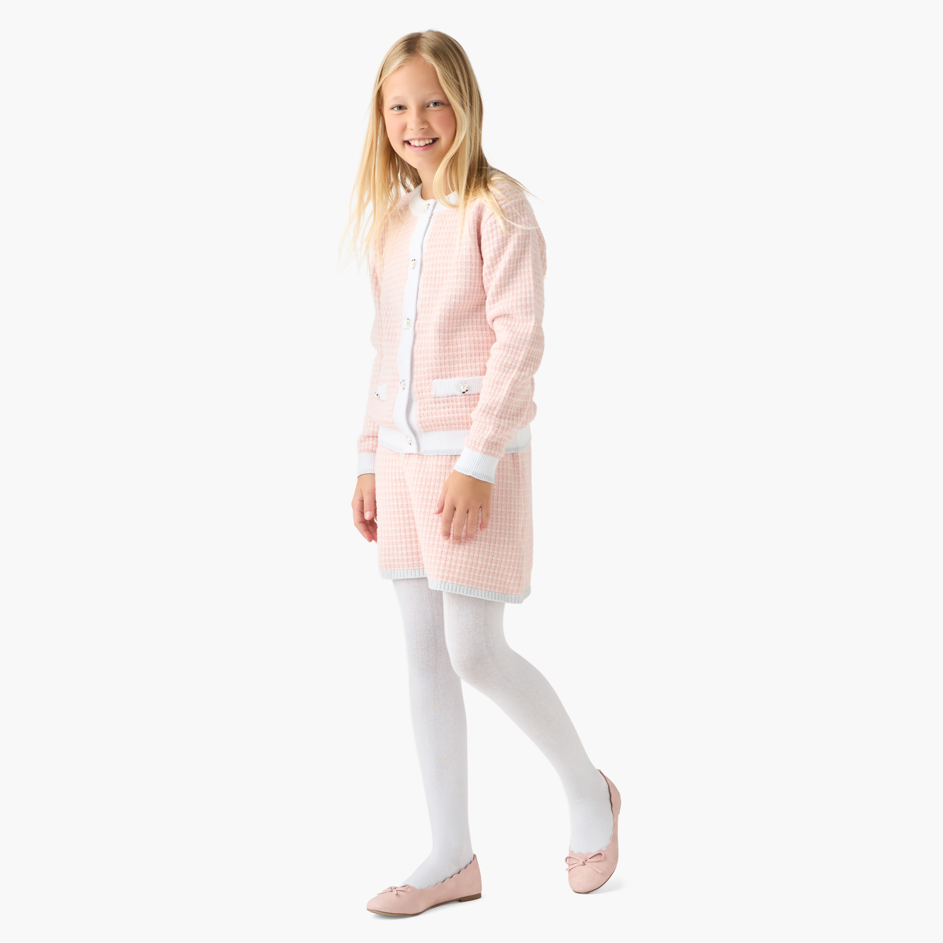 طقم تنورة وكنزة كاروهات وجوارب طويلة للبنات من إليجو - قطن - أكمام طويلة - ياقة ضيّقة-girls-clothing-setsandcoords-image-1