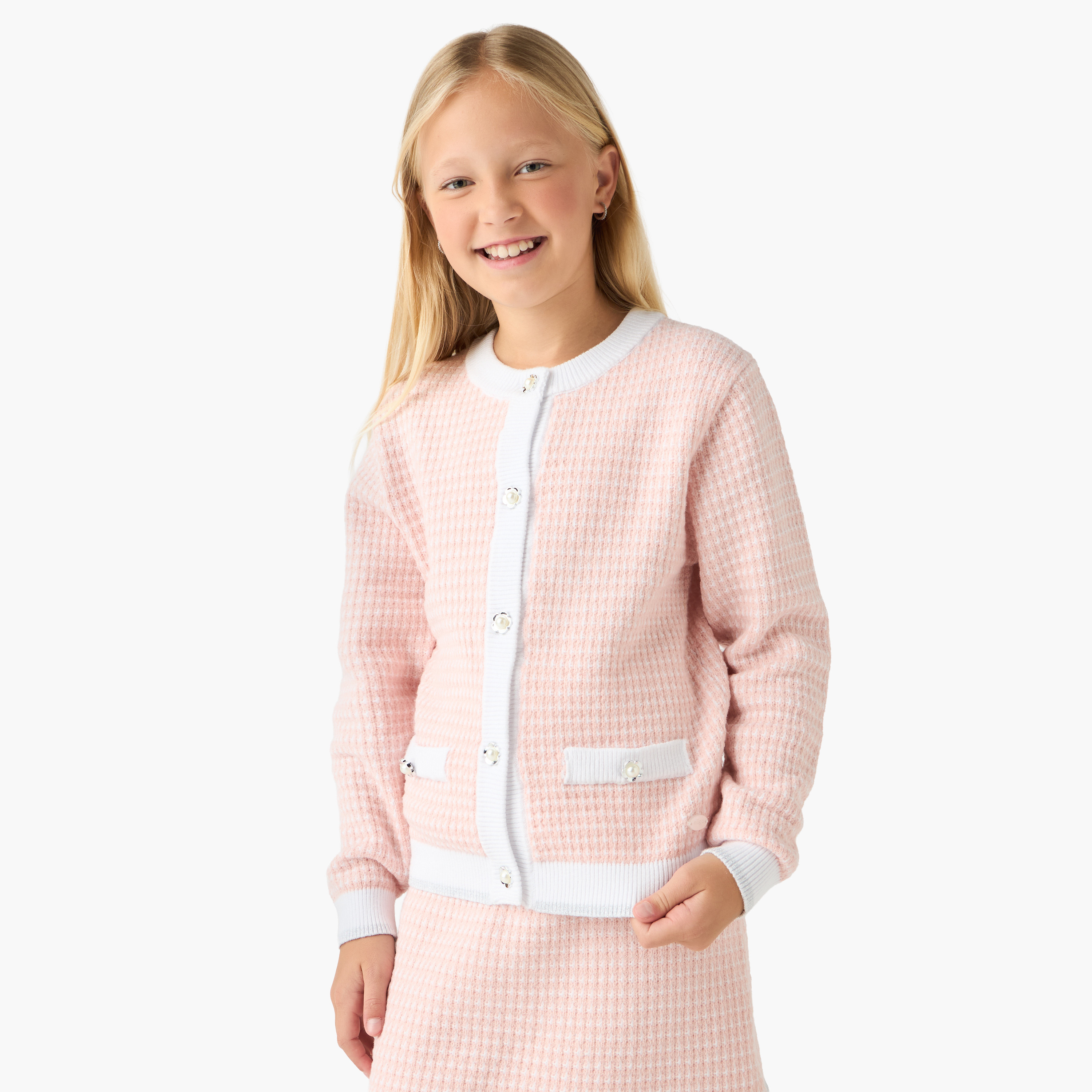 طقم تنورة وكنزة كاروهات وجوارب طويلة للبنات من إليجو - قطن - أكمام طويلة - ياقة ضيّقة-girls-clothing-setsandcoords-image-2