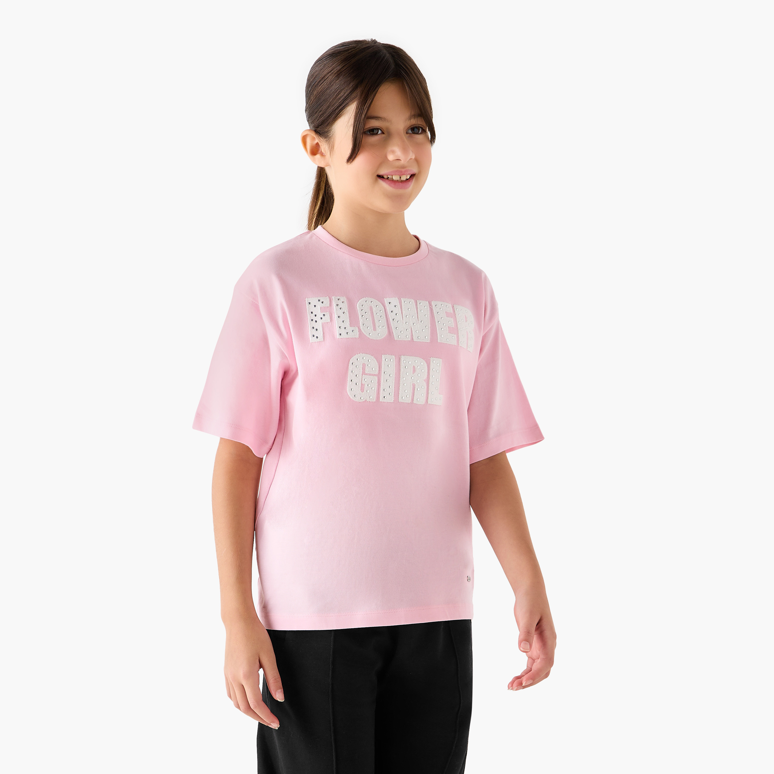 Lee Cooper Embellished Slogan T-Shirt with Short Sleeves-girls-clothing-tshirts-image-1