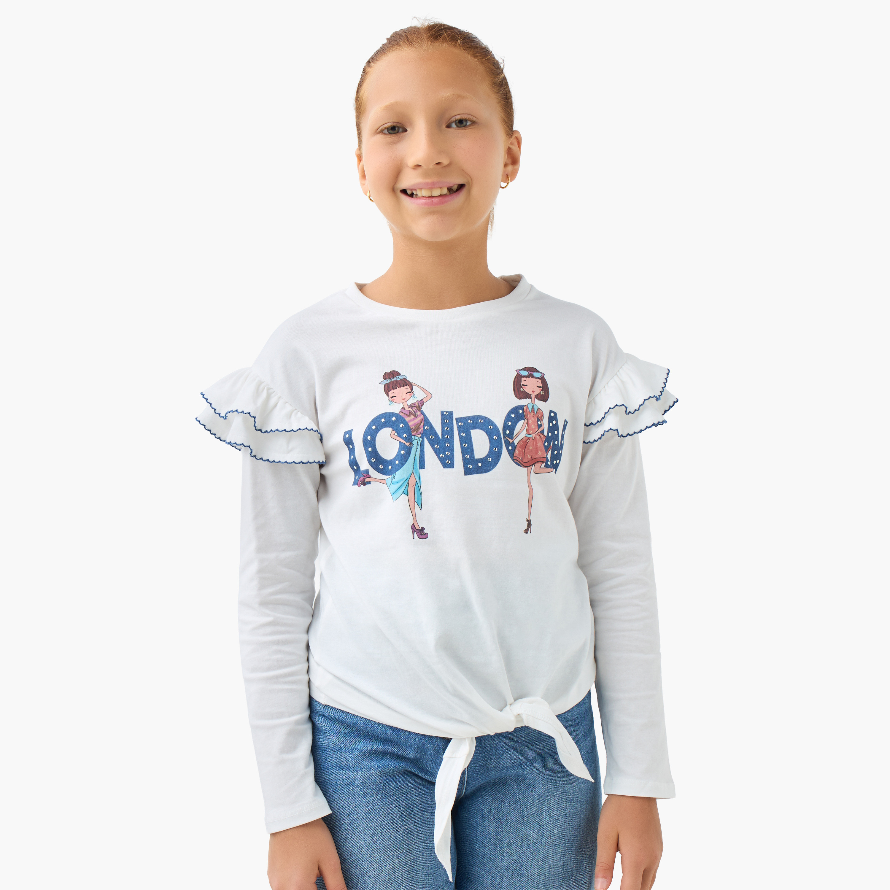 Lee Cooper Girls Crew Neck T-shirt with Tie-Ups - Cotton - Long Sleeves-girls-clothing-tshirts-image-1