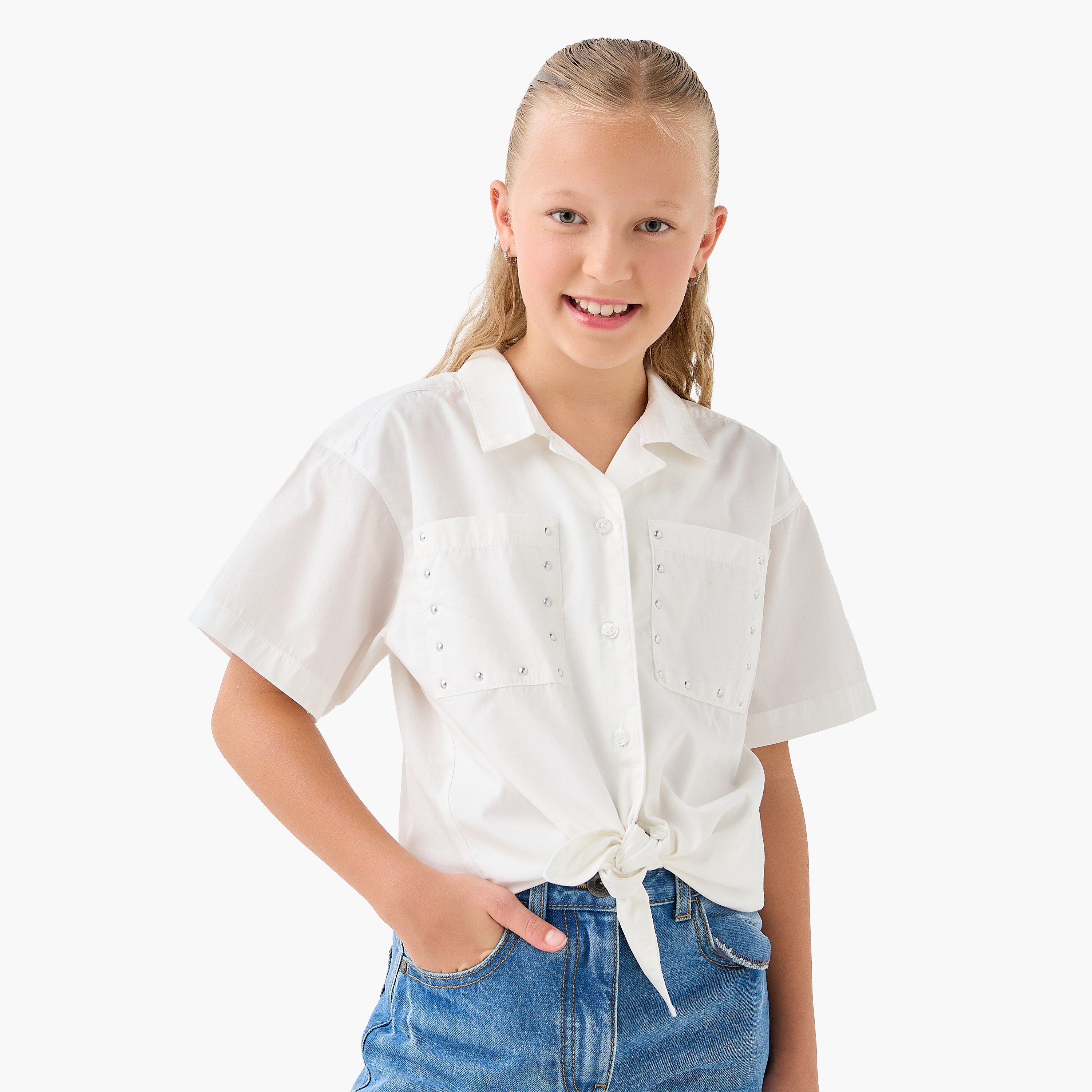 قميص قطن بجيوب واكمام قصيرة وياقة للبنات من لي كوبر-girls-clothing-blousesandshirts-image-5