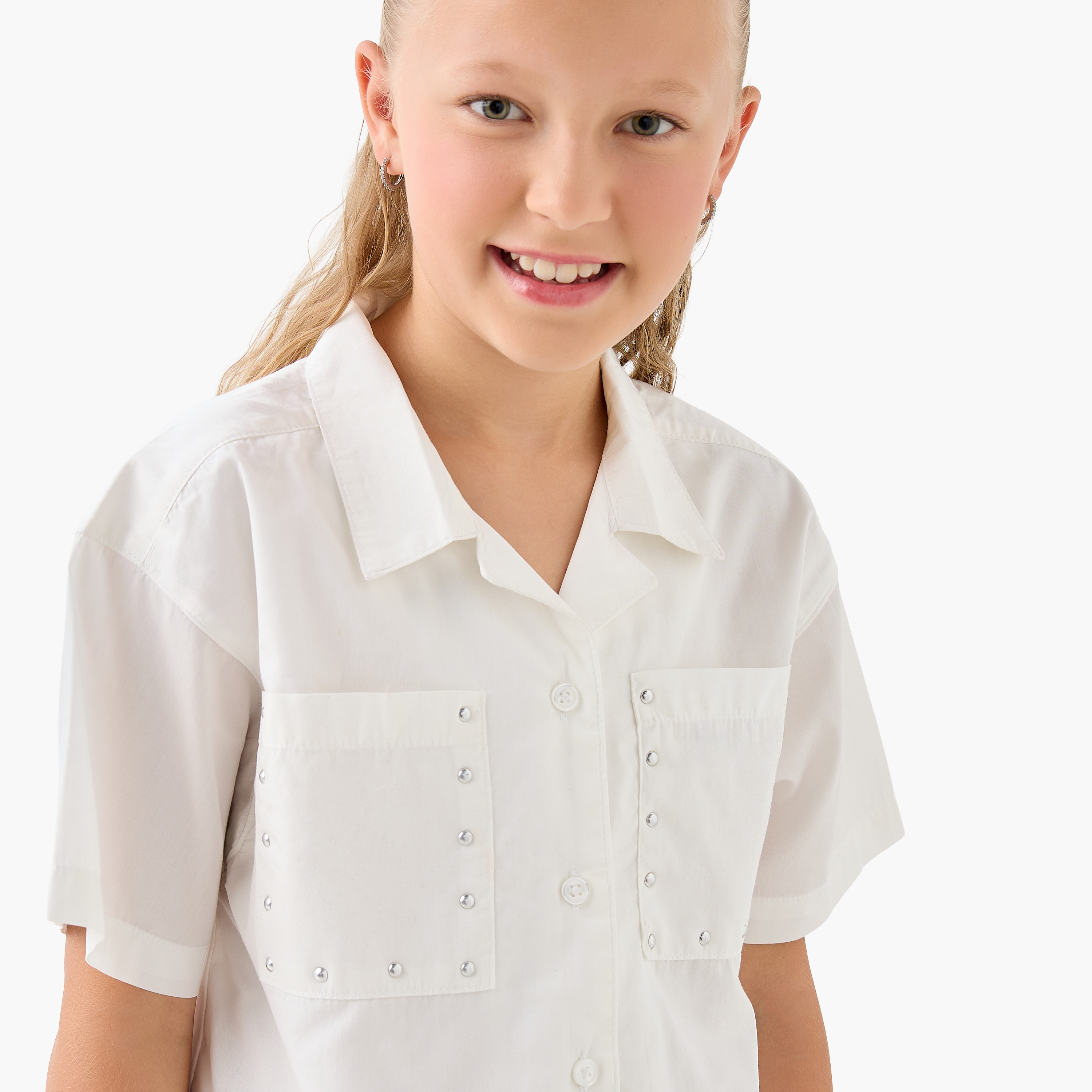 قميص قطن بجيوب واكمام قصيرة وياقة للبنات من لي كوبر-girls-clothing-blousesandshirts-image-2