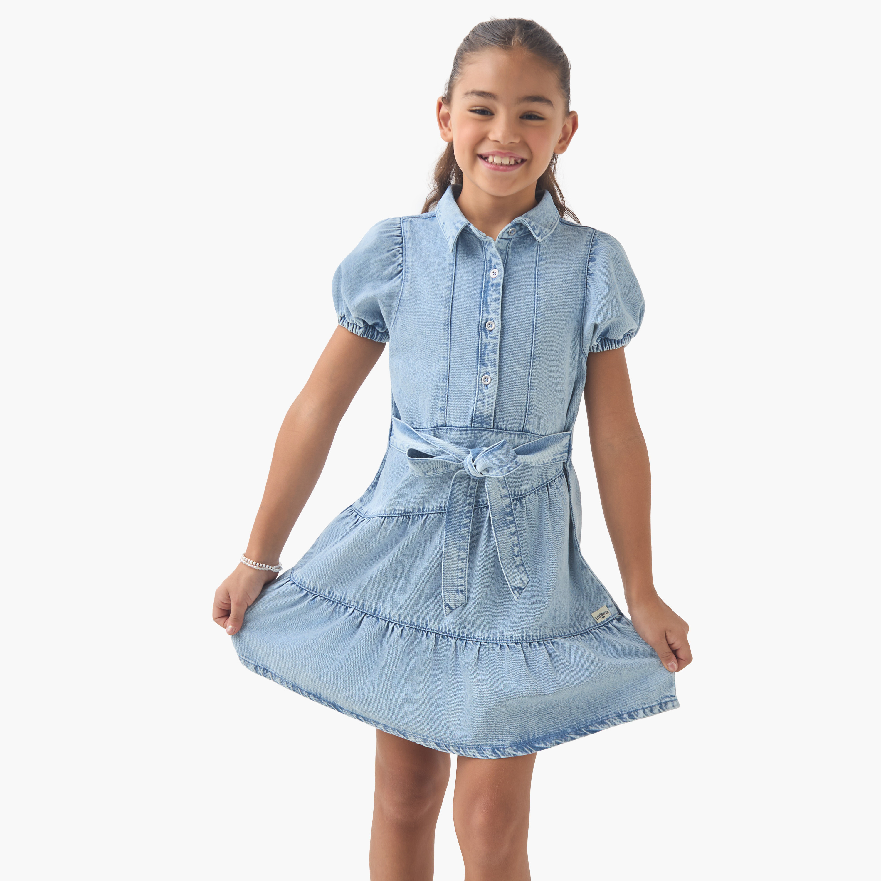 فستان قميص من لي كوبر بياقة وأكمام قصيرة وتصميم متعدد الطبقات بطول الركبة-girls-clothing-dressesandjumpsuits-image-1