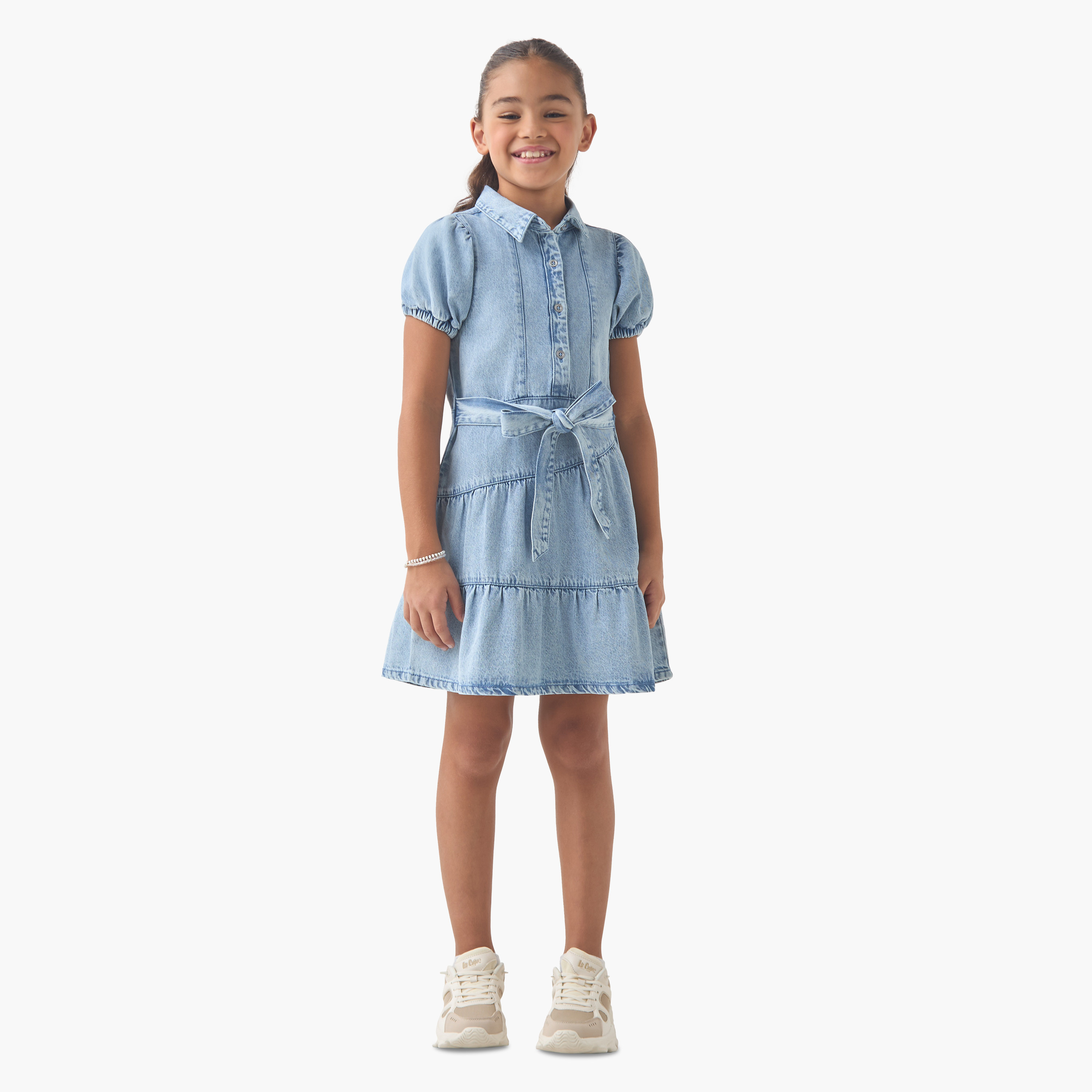 فستان قميص من لي كوبر بياقة وأكمام قصيرة وتصميم متعدد الطبقات بطول الركبة-girls-clothing-dressesandjumpsuits-image-2