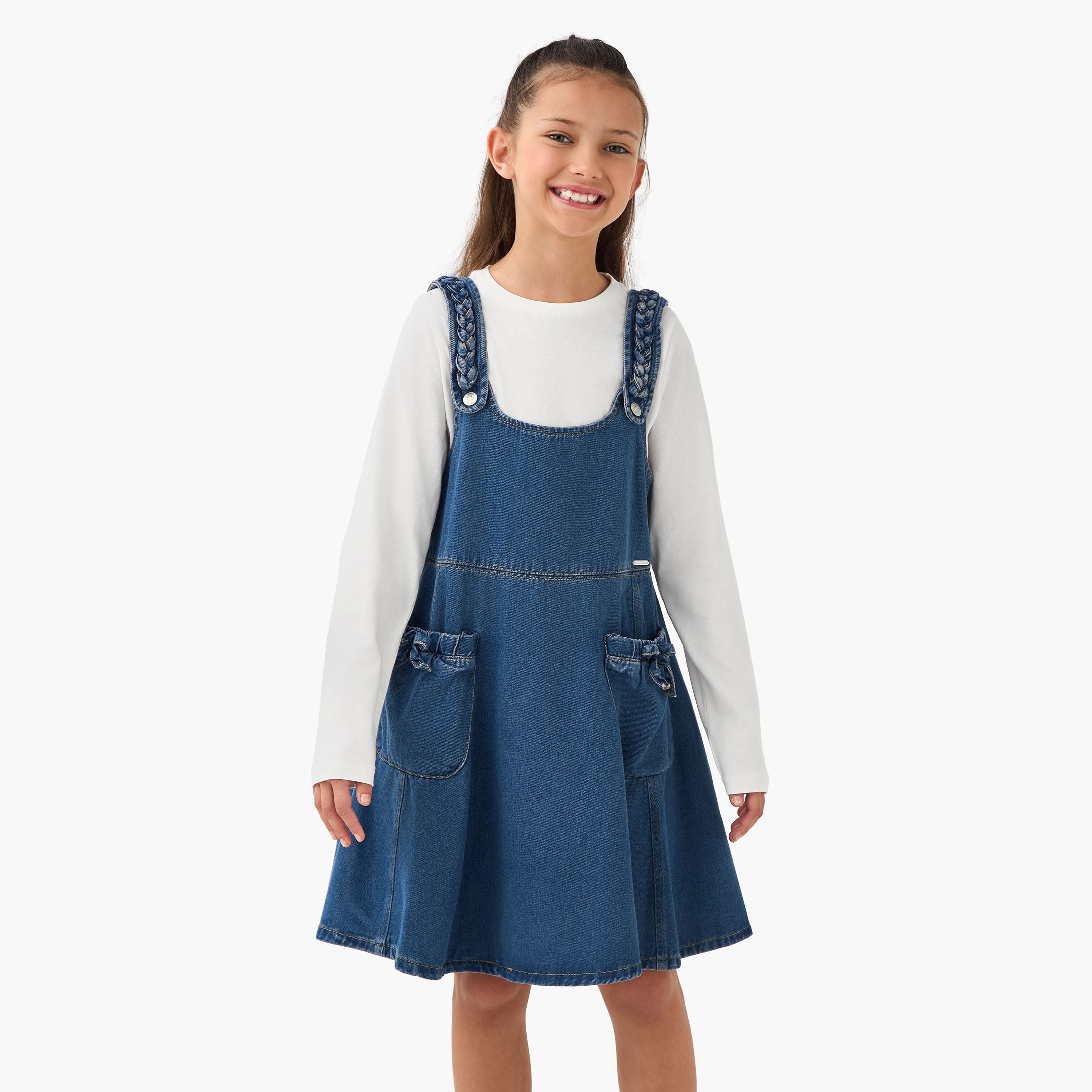 Lee Cooper Round Neck Long Sleeve T-shirt and Denim Pinafore with Braid Design-girls-clothing-dressesandjumpsuits-image-1