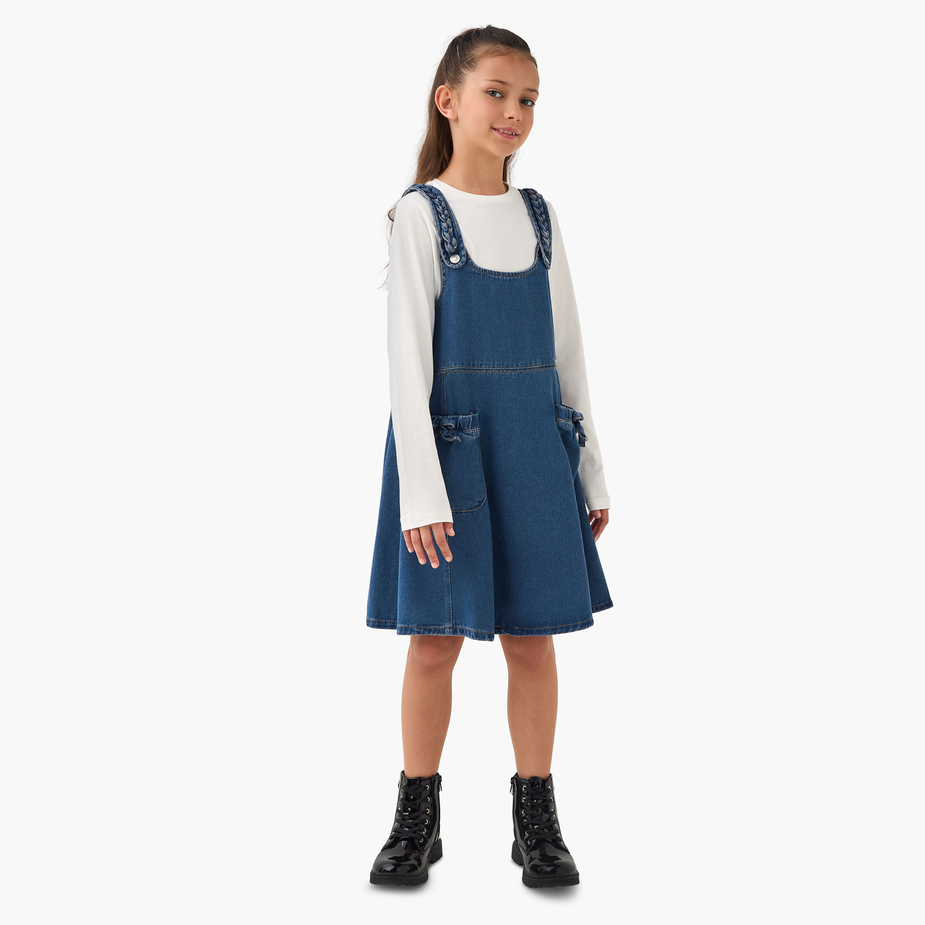 Lee Cooper Round Neck Long Sleeve T-shirt and Denim Pinafore with Braid Design-girls-clothing-dressesandjumpsuits-image-2