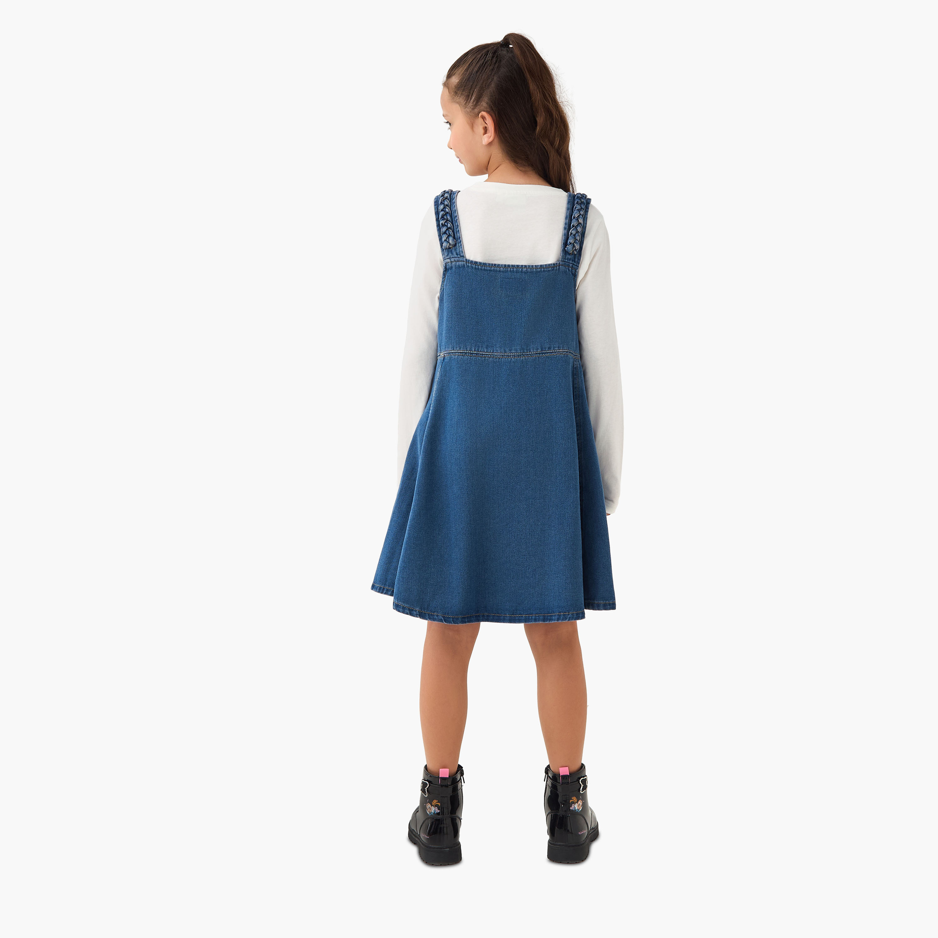 Lee Cooper Round Neck Long Sleeve T-shirt and Denim Pinafore with Braid Design-girls-clothing-dressesandjumpsuits-image-3