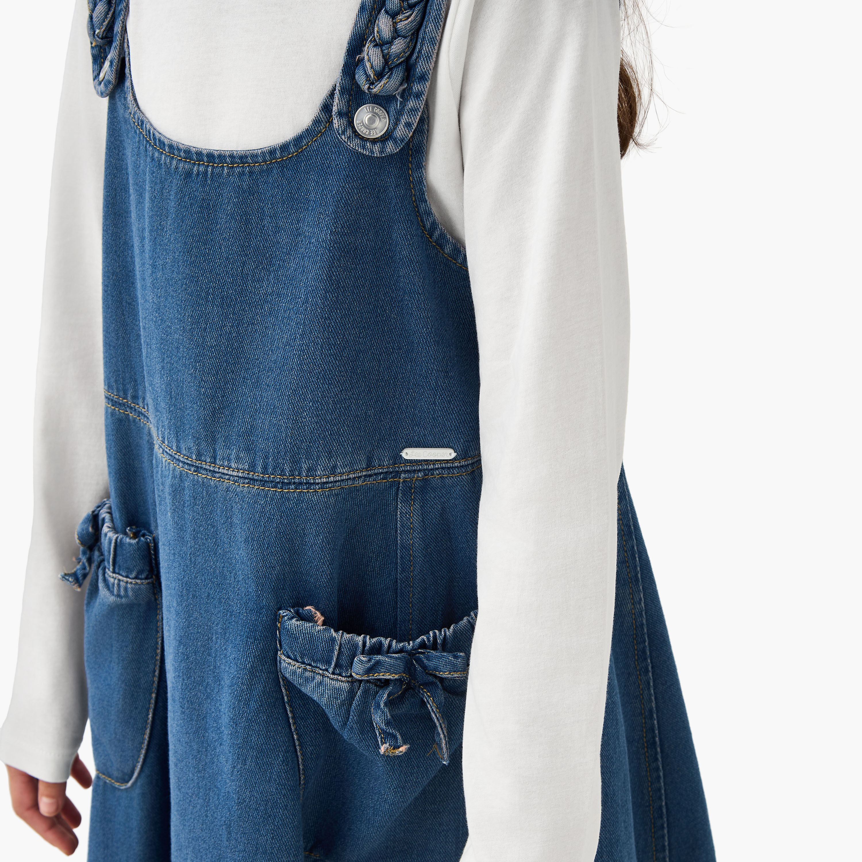 Lee Cooper Round Neck Long Sleeve T-shirt and Denim Pinafore with Braid Design-girls-clothing-dressesandjumpsuits-image-4