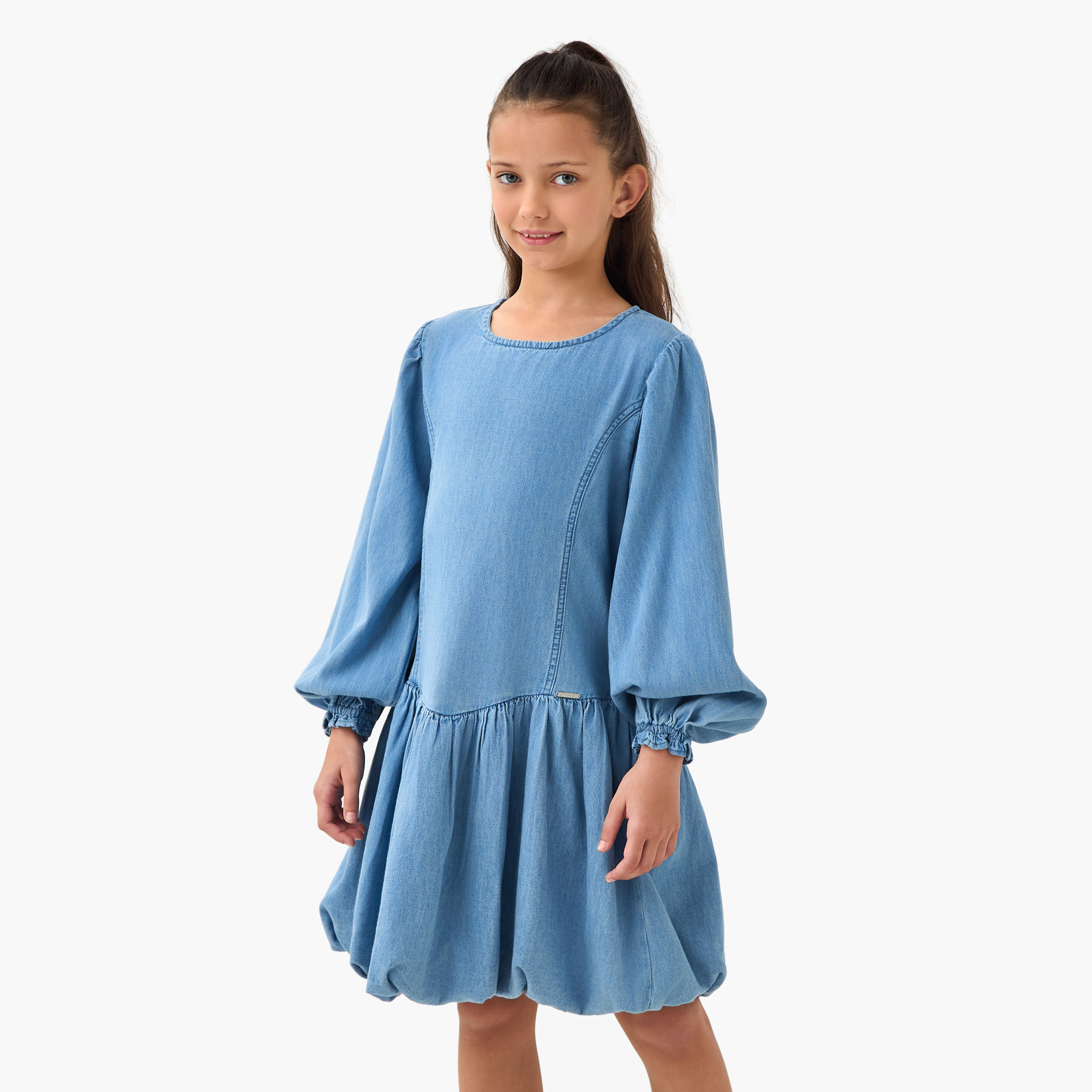 Lee Cooper Round Neck Balloon Sleeves Denim Dress with Button Closure-girls-clothing-dressesandjumpsuits-image-1
