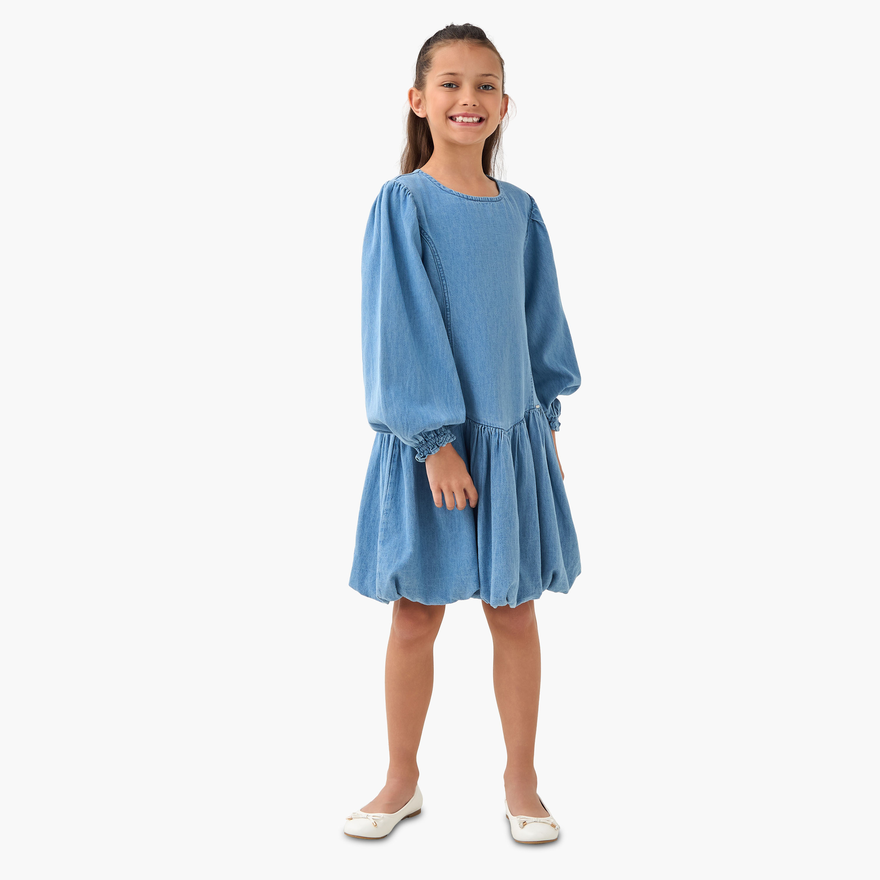 Lee Cooper Round Neck Balloon Sleeves Denim Dress with Button Closure-girls-clothing-dressesandjumpsuits-image-2