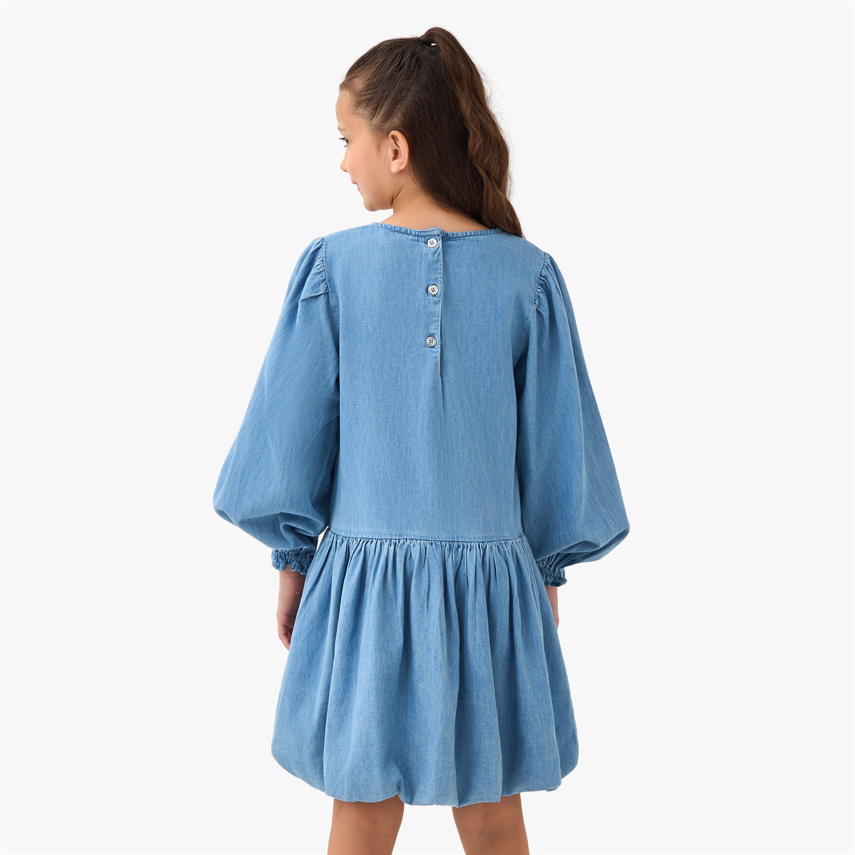 Lee Cooper Round Neck Balloon Sleeves Denim Dress with Button Closure-girls-clothing-dressesandjumpsuits-image-3