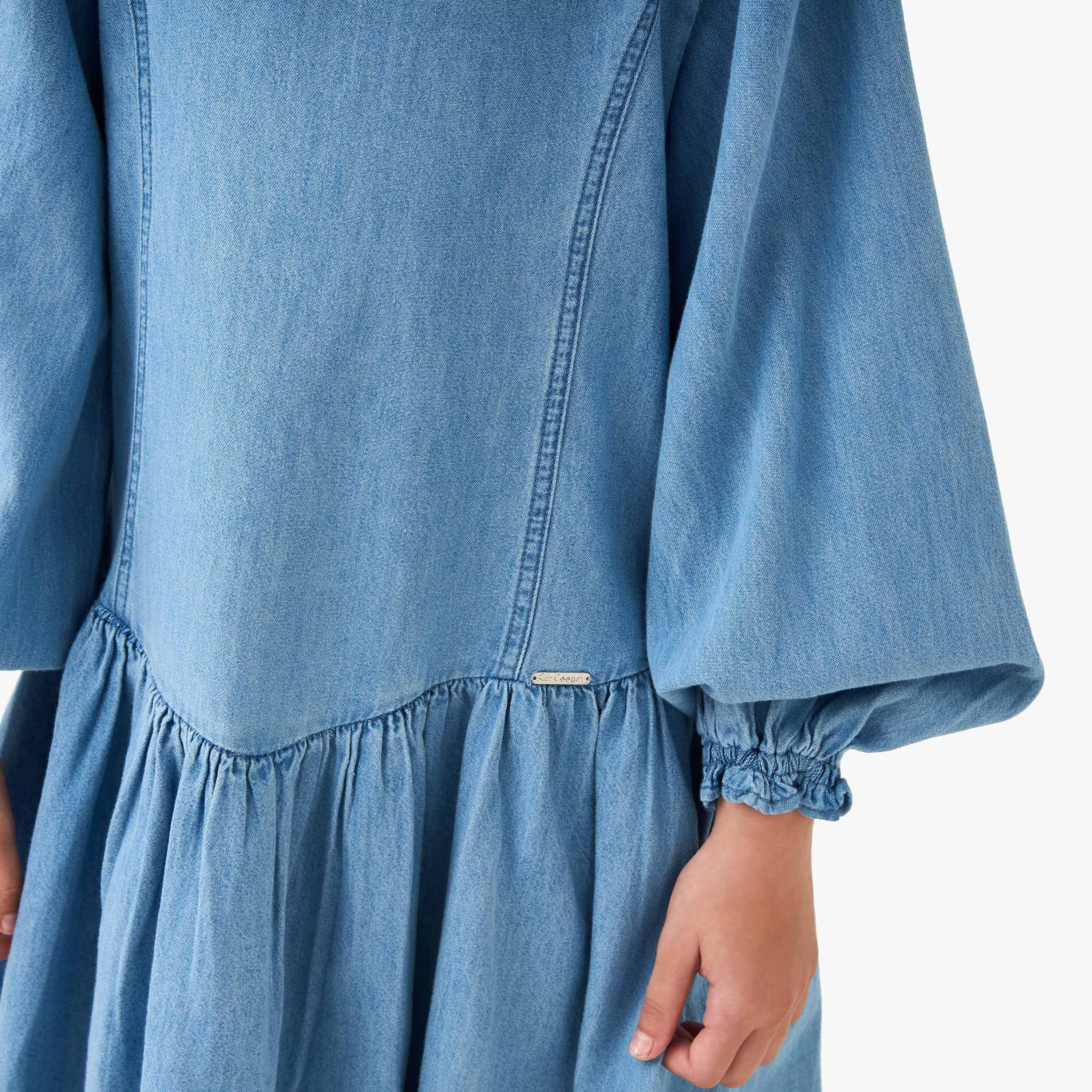 Lee Cooper Round Neck Balloon Sleeves Denim Dress with Button Closure-girls-clothing-dressesandjumpsuits-image-4