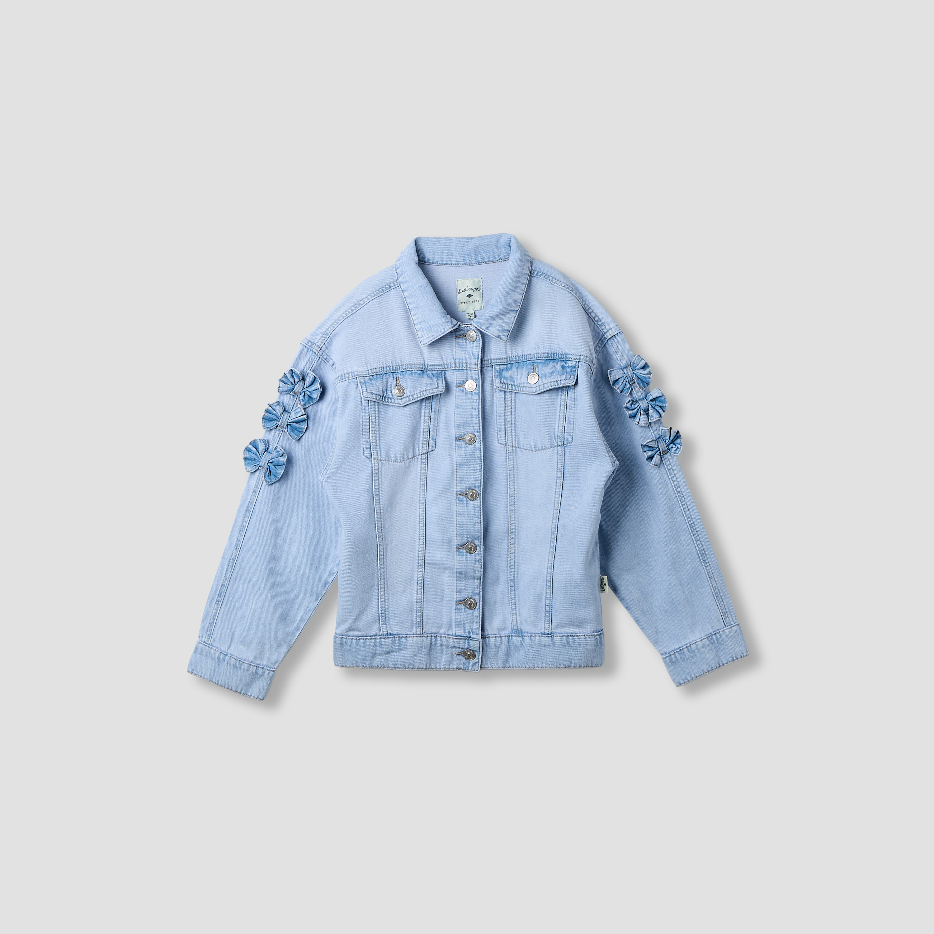 Lee Cooper Girls' Bow Accent Denim Jacket with Long Sleeves-girls-clothing-winterwear-jacketsandcoats-image-1