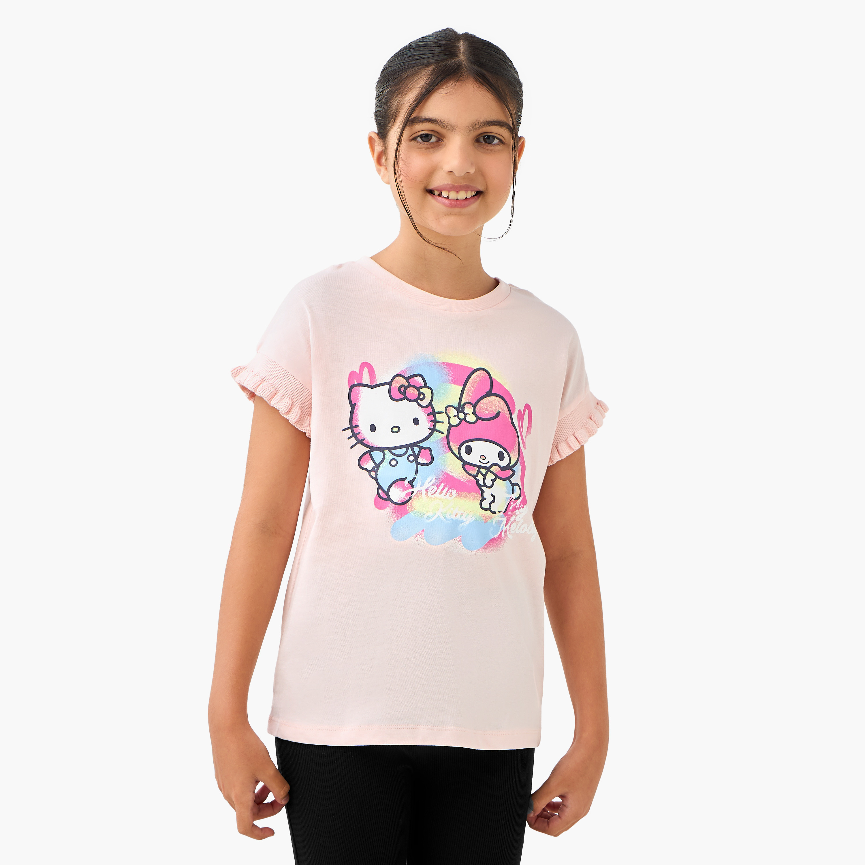 Sanrio Hello Kitty and My Melody Print T-shirt with Extended Sleeves-girls-clothing-tshirts-image-1