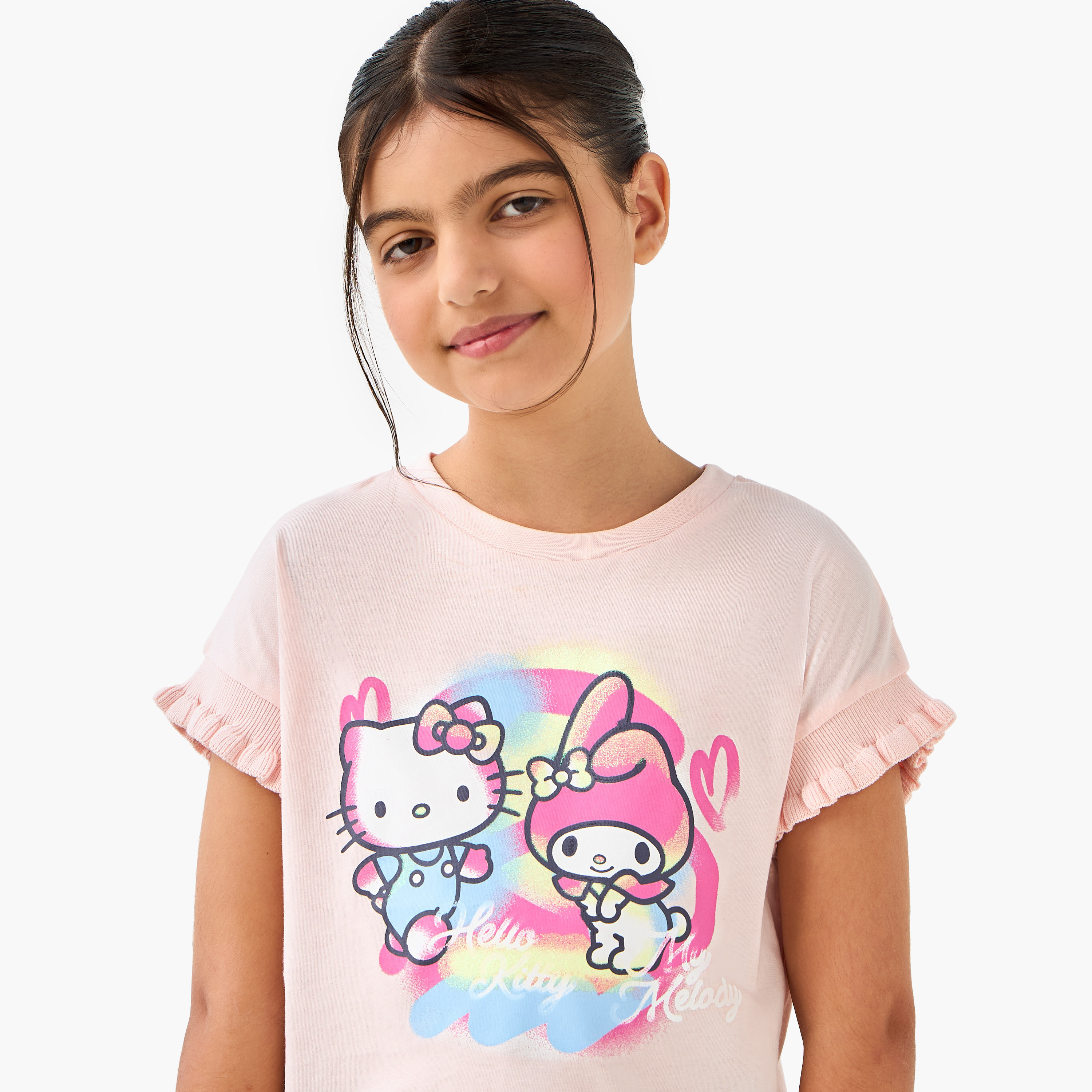 Sanrio Hello Kitty and My Melody Print T-shirt with Extended Sleeves-girls-clothing-tshirts-image-4
