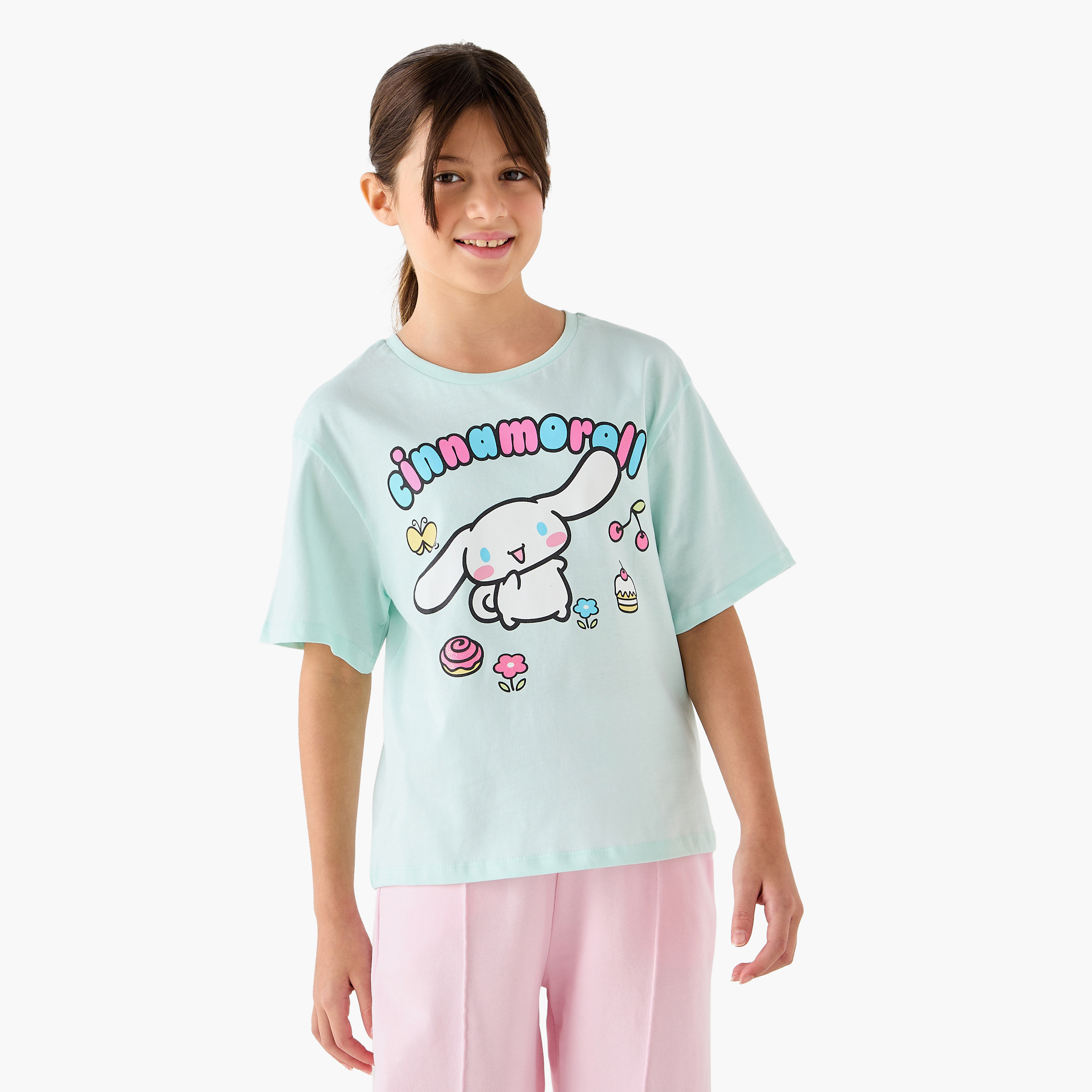 Sanrio Cinnamoroll Print T-Shirt with Short Sleeves-girls-clothing-tshirts-image-1