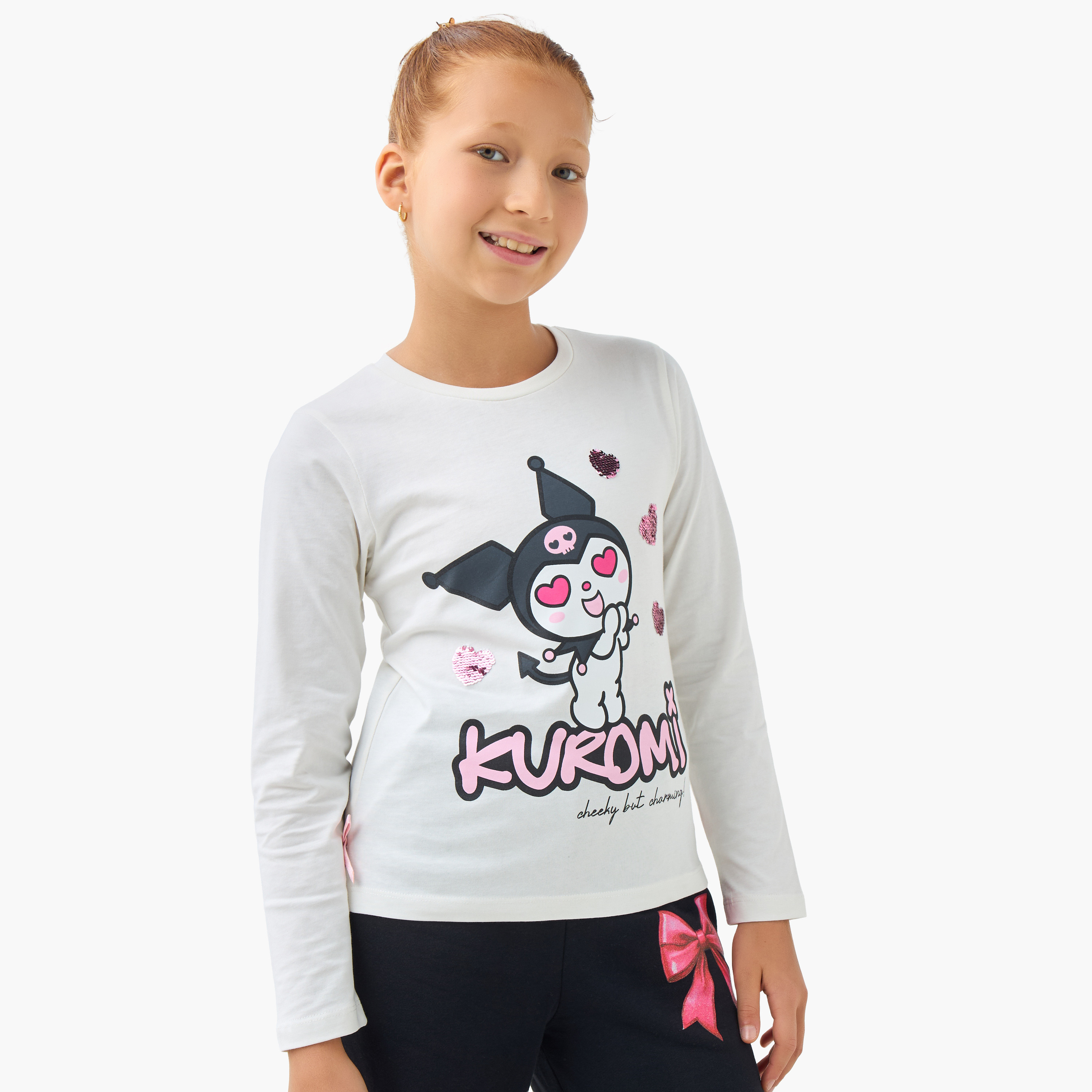 Sanrio Girls Round Neck T-shirt with Kuromi Print - Cotton - Long Sleeves-girls-clothing-tshirts-image-1