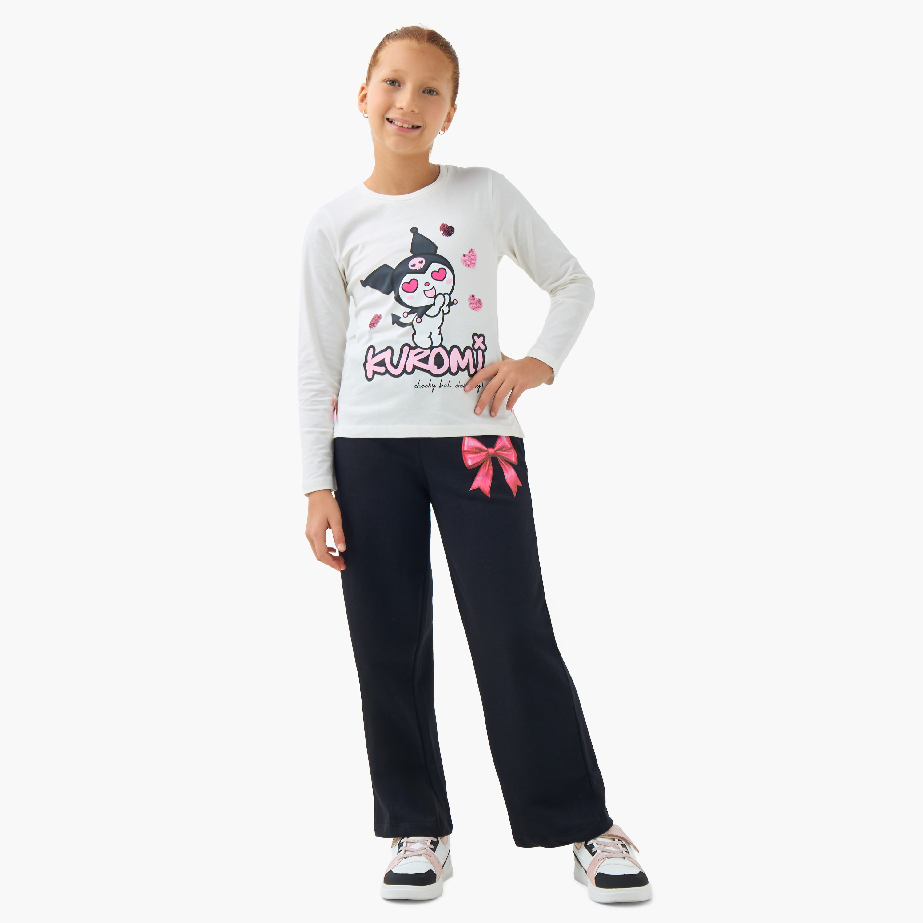 Sanrio Girls Round Neck T-shirt with Kuromi Print - Cotton - Long Sleeves-girls-clothing-tshirts-image-2