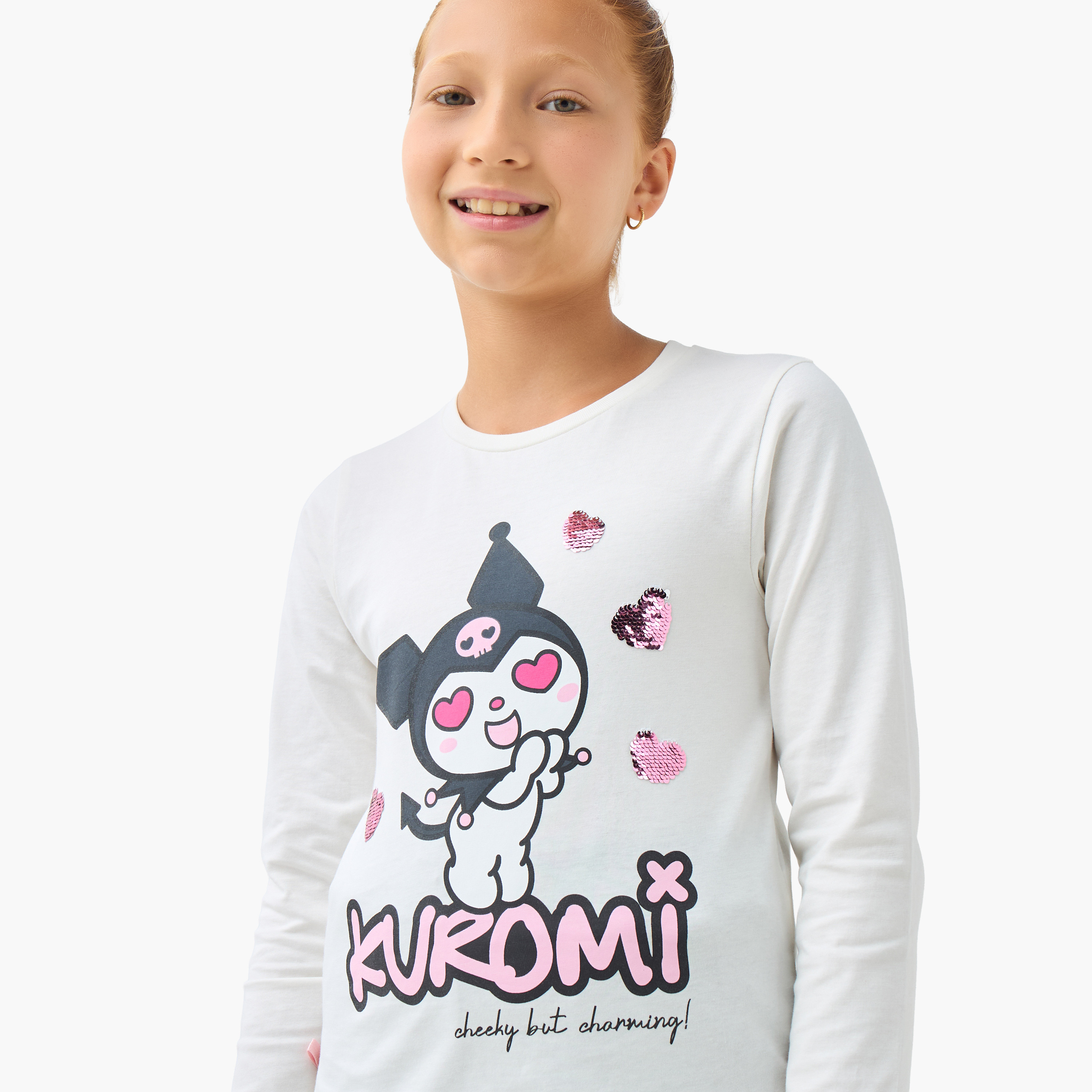 Sanrio Girls Round Neck T-shirt with Kuromi Print - Cotton - Long Sleeves-girls-clothing-tshirts-image-4