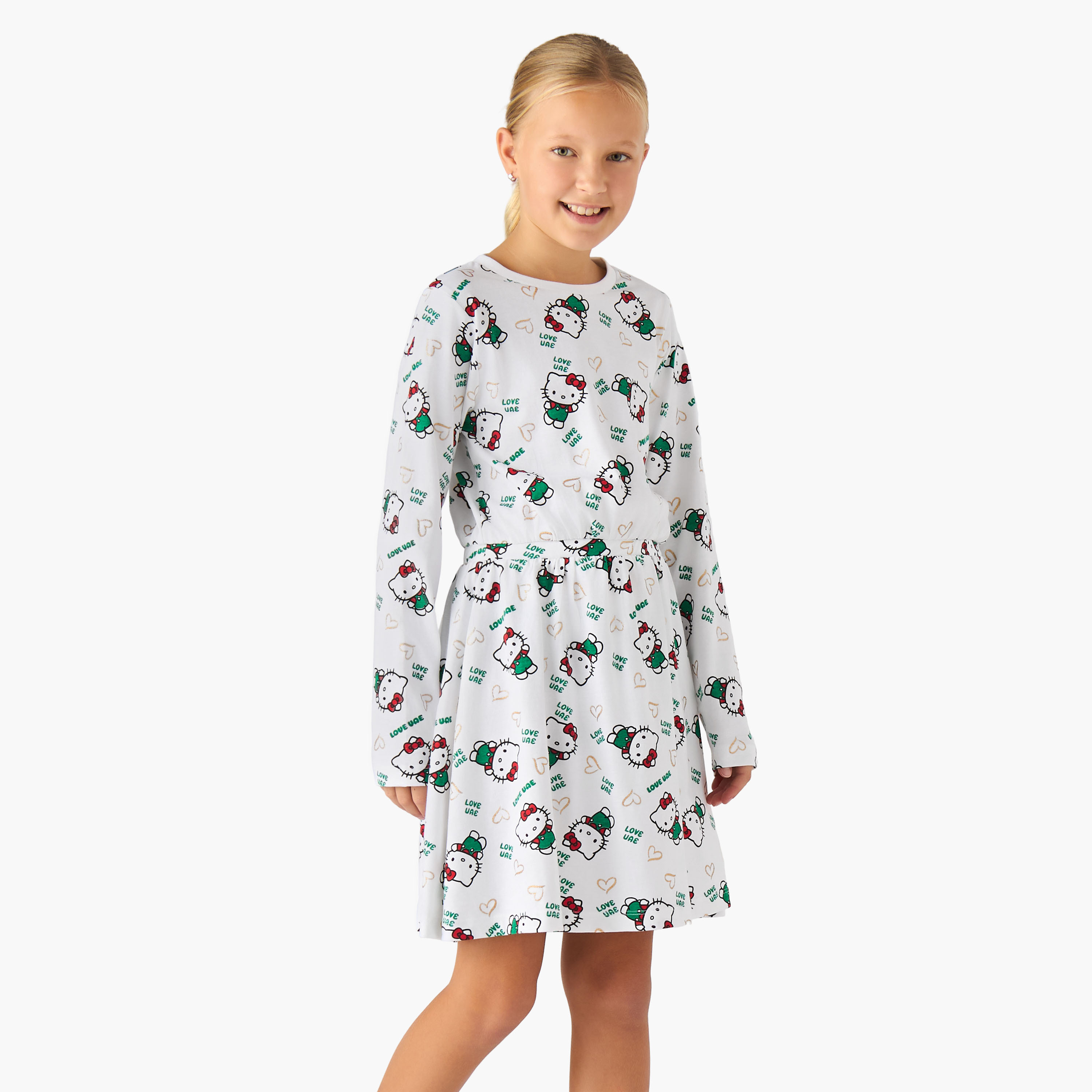فستان بطول الركبة وياقة مستديرة وأكمام طويلة وطبعات يوم الإمارات الوطني من سانريو-girls-clothing-dressesandjumpsuits-image-1