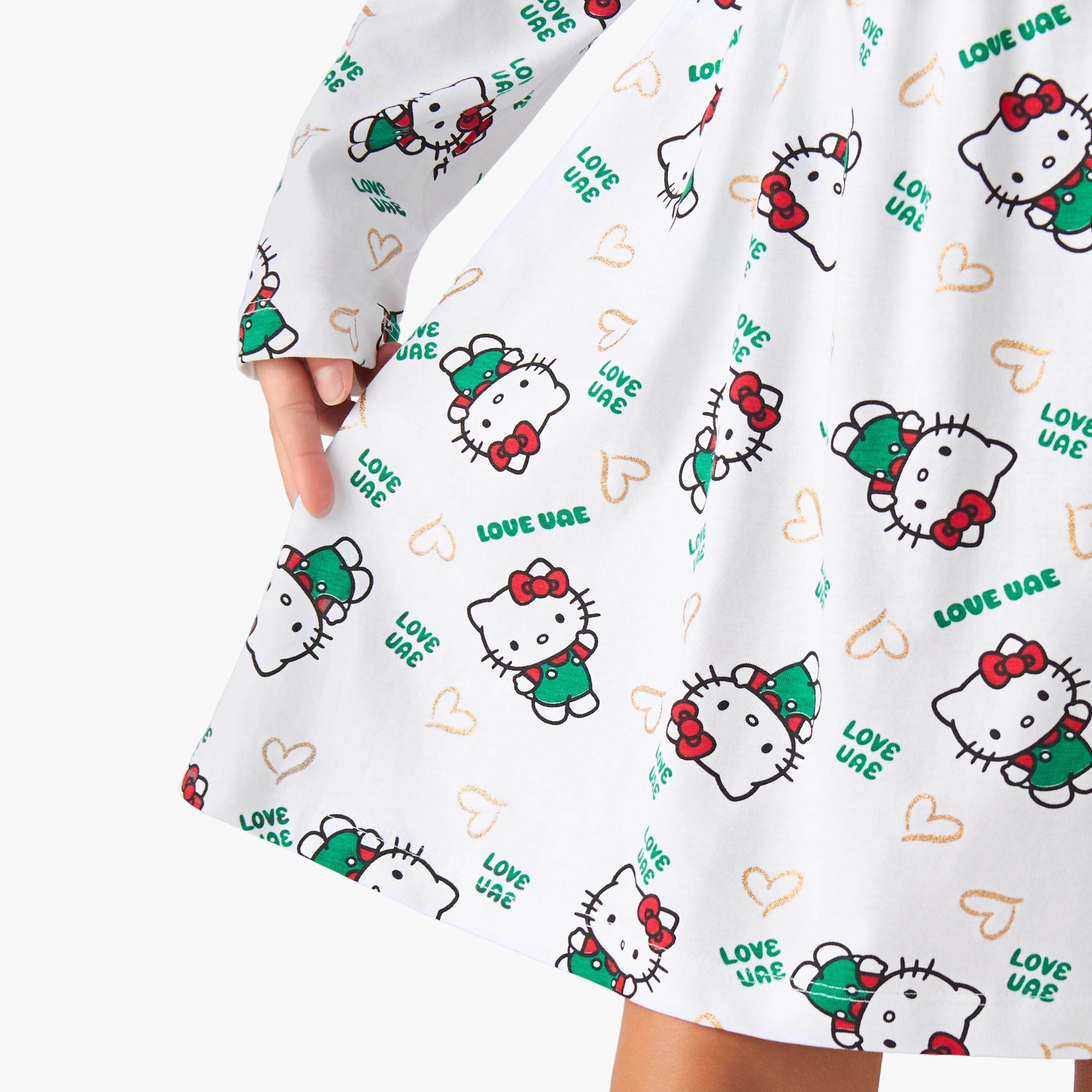 فستان بطول الركبة وياقة مستديرة وأكمام طويلة وطبعات يوم الإمارات الوطني من سانريو-girls-clothing-dressesandjumpsuits-image-5