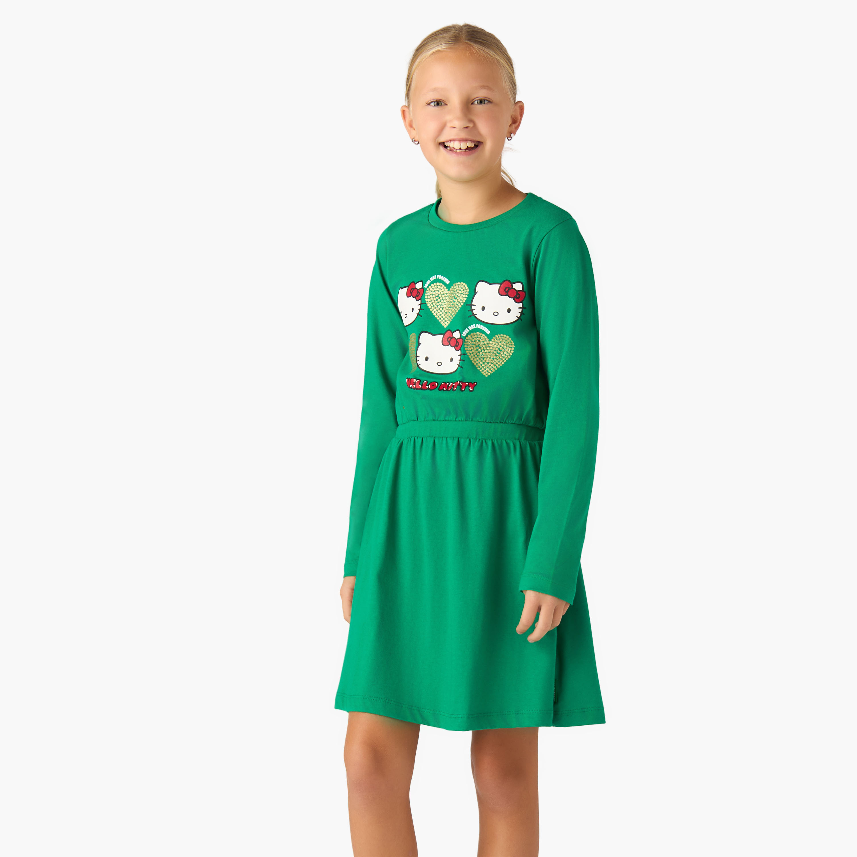 فستان بطول الركبة وياقة مستديرة وأكمام طويلة وطبعات يوم الإمارات الوطني من سانريو-girls-clothing-dressesandjumpsuits-image-6