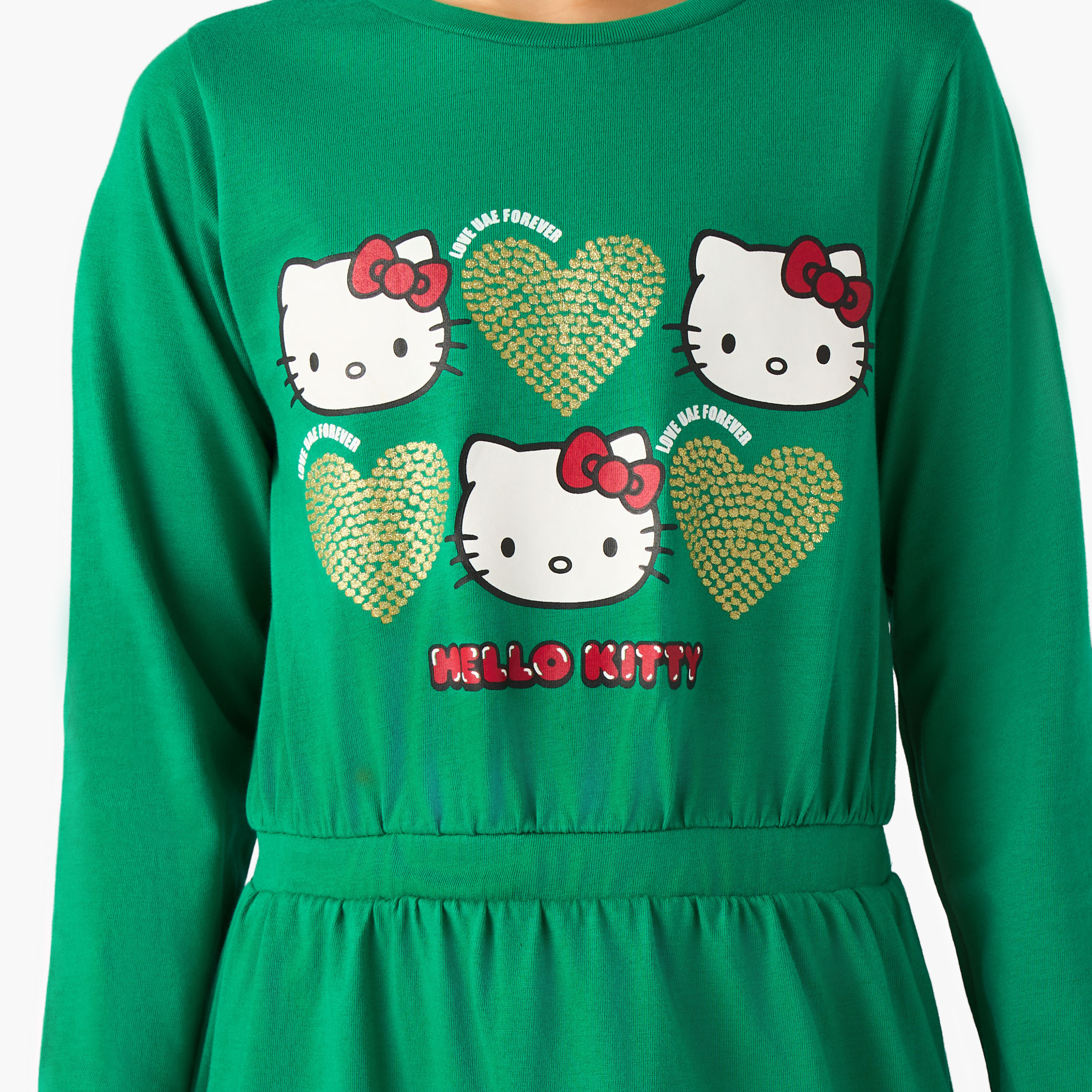 فستان بطول الركبة وياقة مستديرة وأكمام طويلة وطبعات يوم الإمارات الوطني من سانريو-girls-clothing-dressesandjumpsuits-image-5