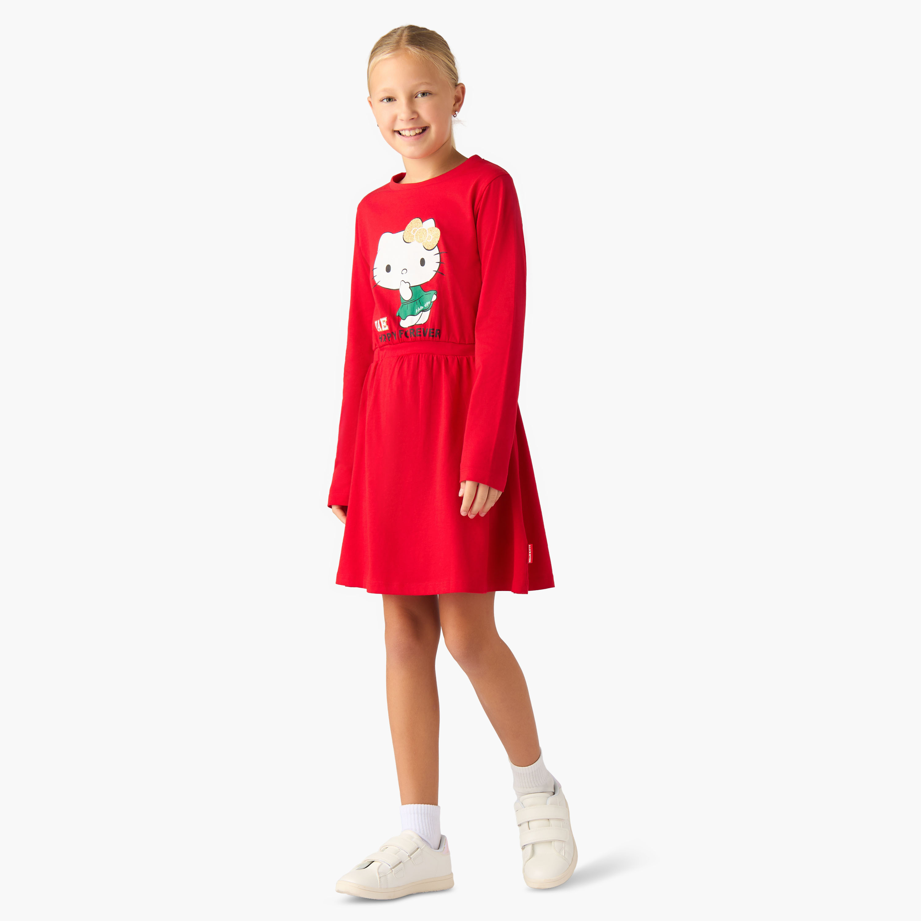 فستان بطول الركبة وياقة مستديرة وأكمام طويلة وطبعات يوم الإمارات الوطني من سانريو-girls-clothing-dressesandjumpsuits-image-2
