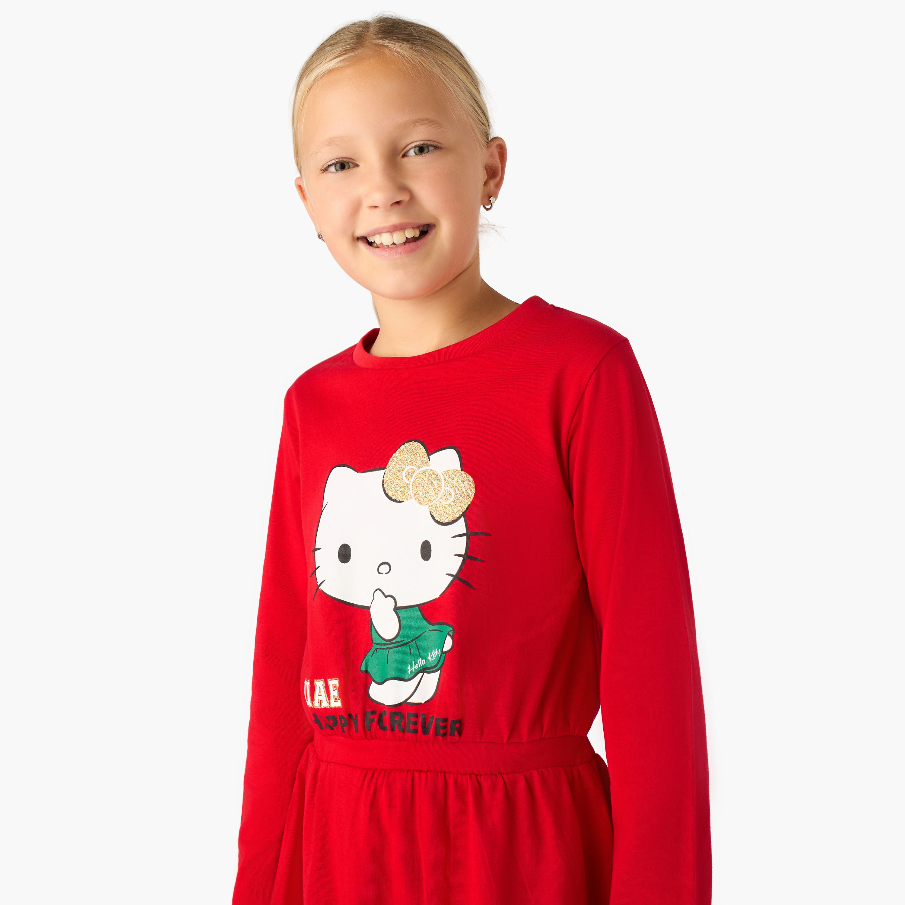 فستان بطول الركبة وياقة مستديرة وأكمام طويلة وطبعات يوم الإمارات الوطني من سانريو-girls-clothing-dressesandjumpsuits-image-4