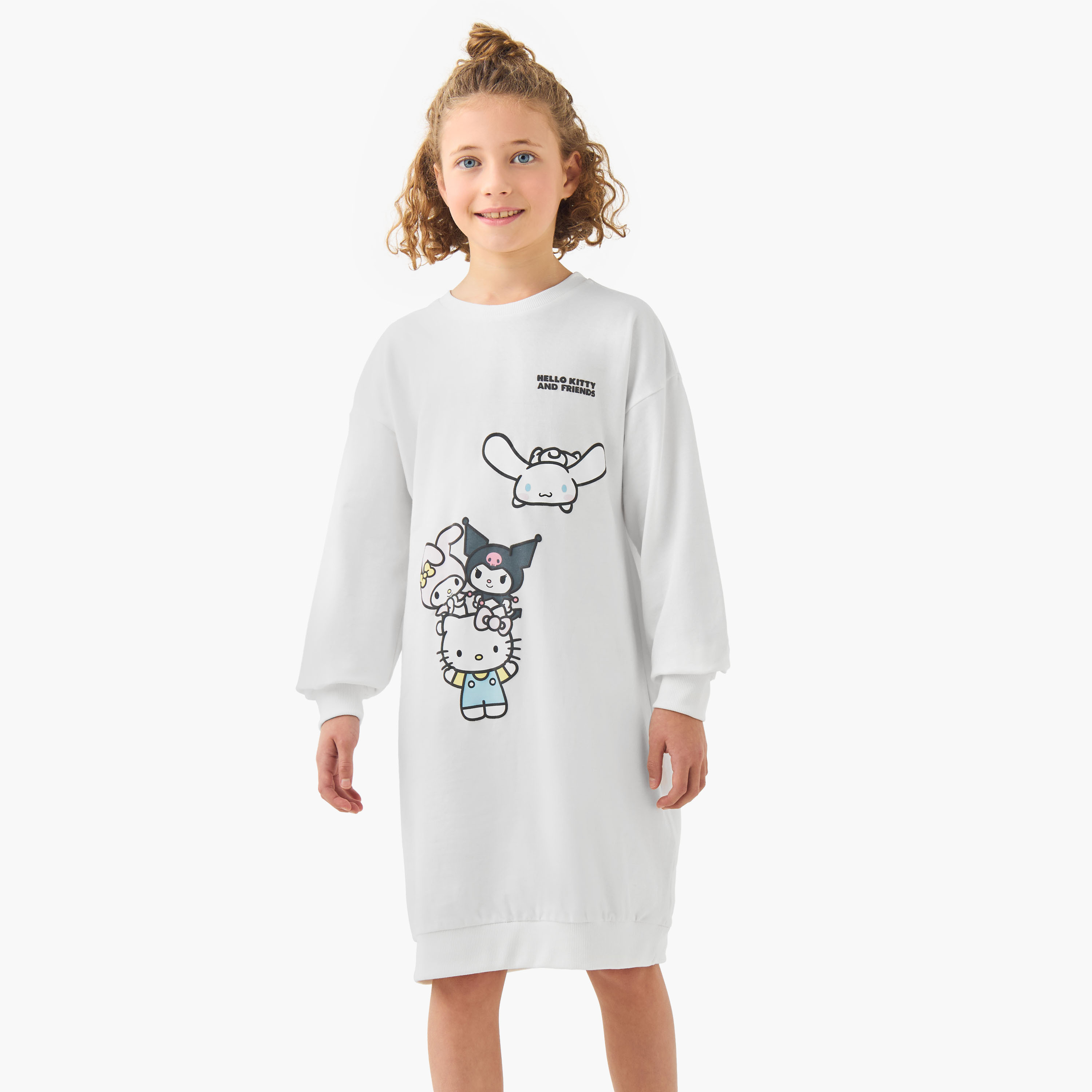Sanrio Crew Neck Long Sleeves Knee Length Dress with Hello Kitty Print-girls-clothing-dressesandjumpsuits-image-1
