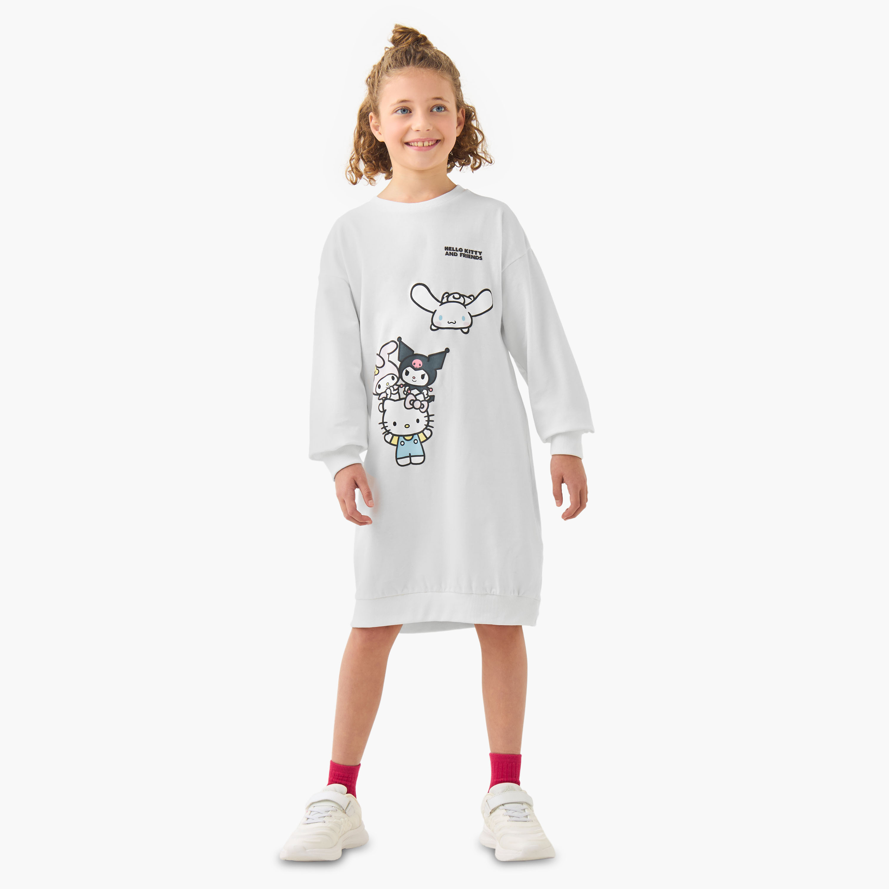 Sanrio Crew Neck Long Sleeves Knee Length Dress with Hello Kitty Print-girls-clothing-dressesandjumpsuits-image-2
