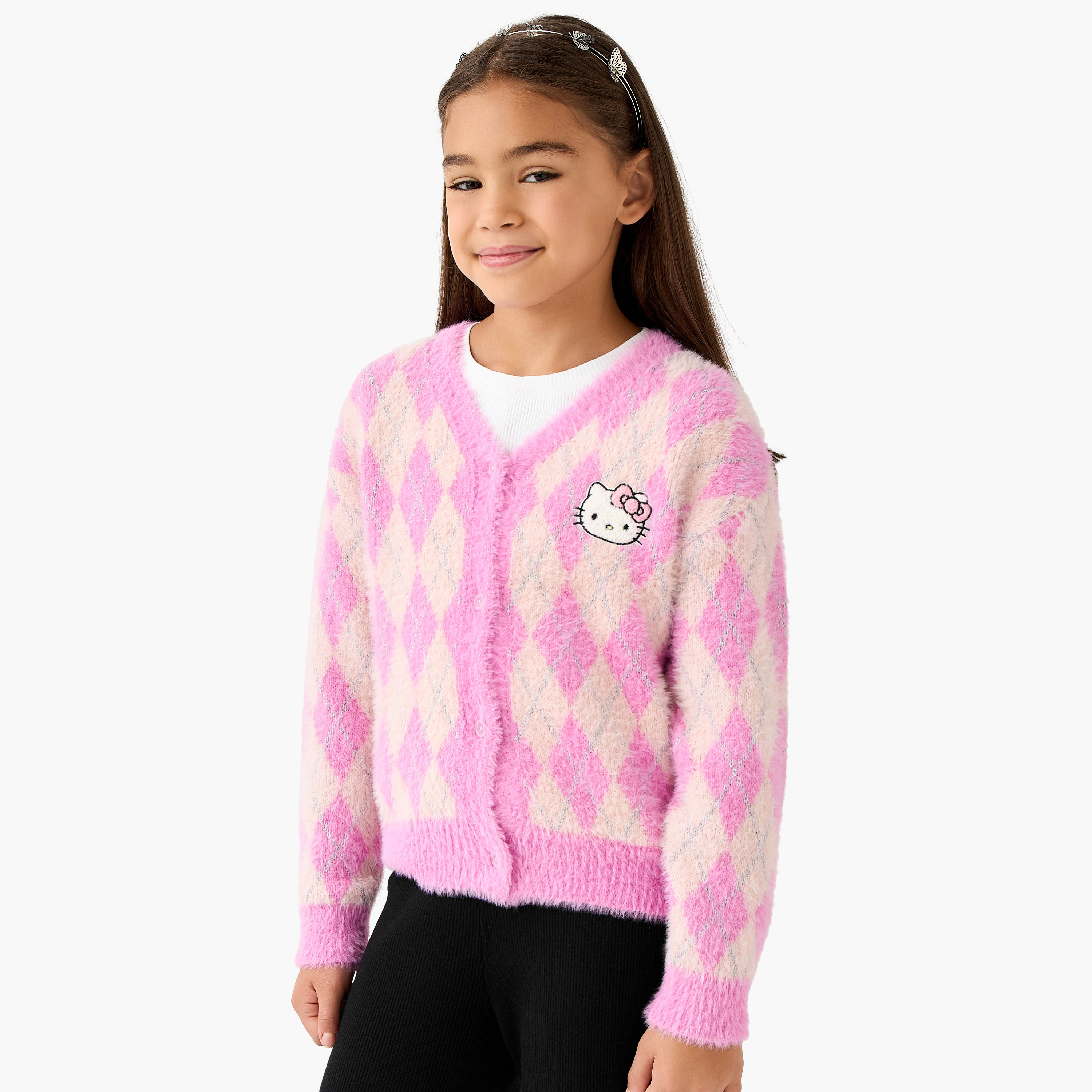 كارديجان بياقة V وأكمام طويلة وزخارف هيلو كيتي من سانريو-girls-clothing-winterwear-jacketsandcoats-image-5
