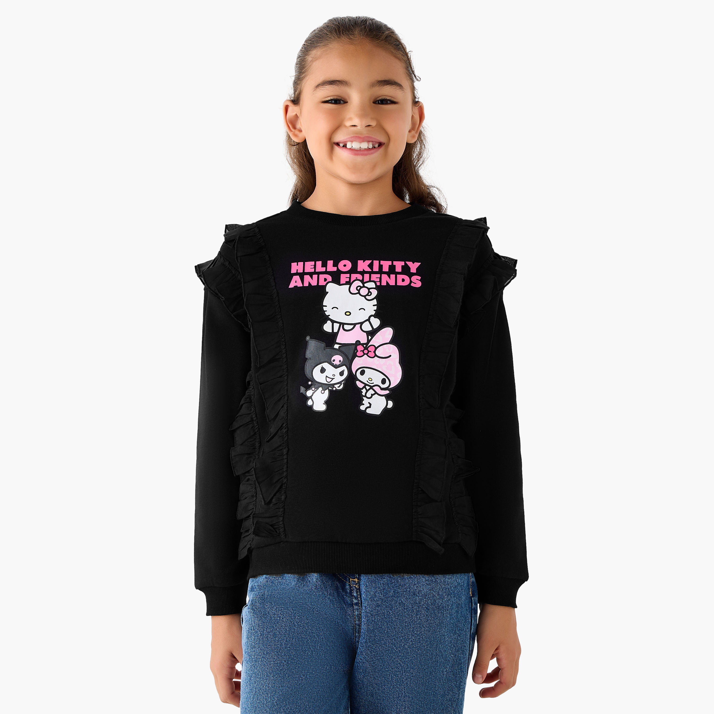 Sanrio Hello Kitty Print Sweatshirt with Ruffle Detail Sleeves-girls-clothing-sweatshirts-image-1