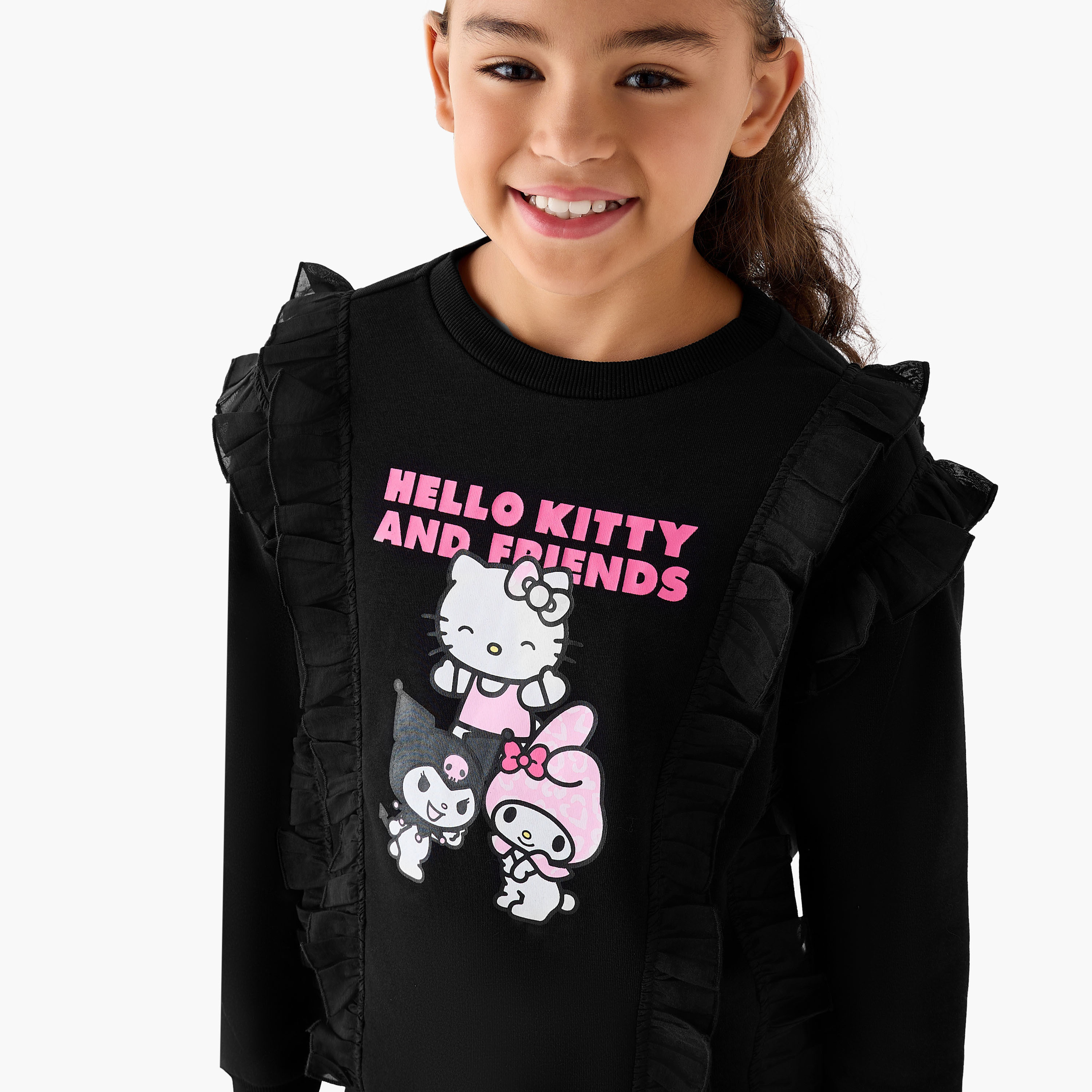 Sanrio Hello Kitty Print Sweatshirt with Ruffle Detail Sleeves-girls-clothing-sweatshirts-image-4