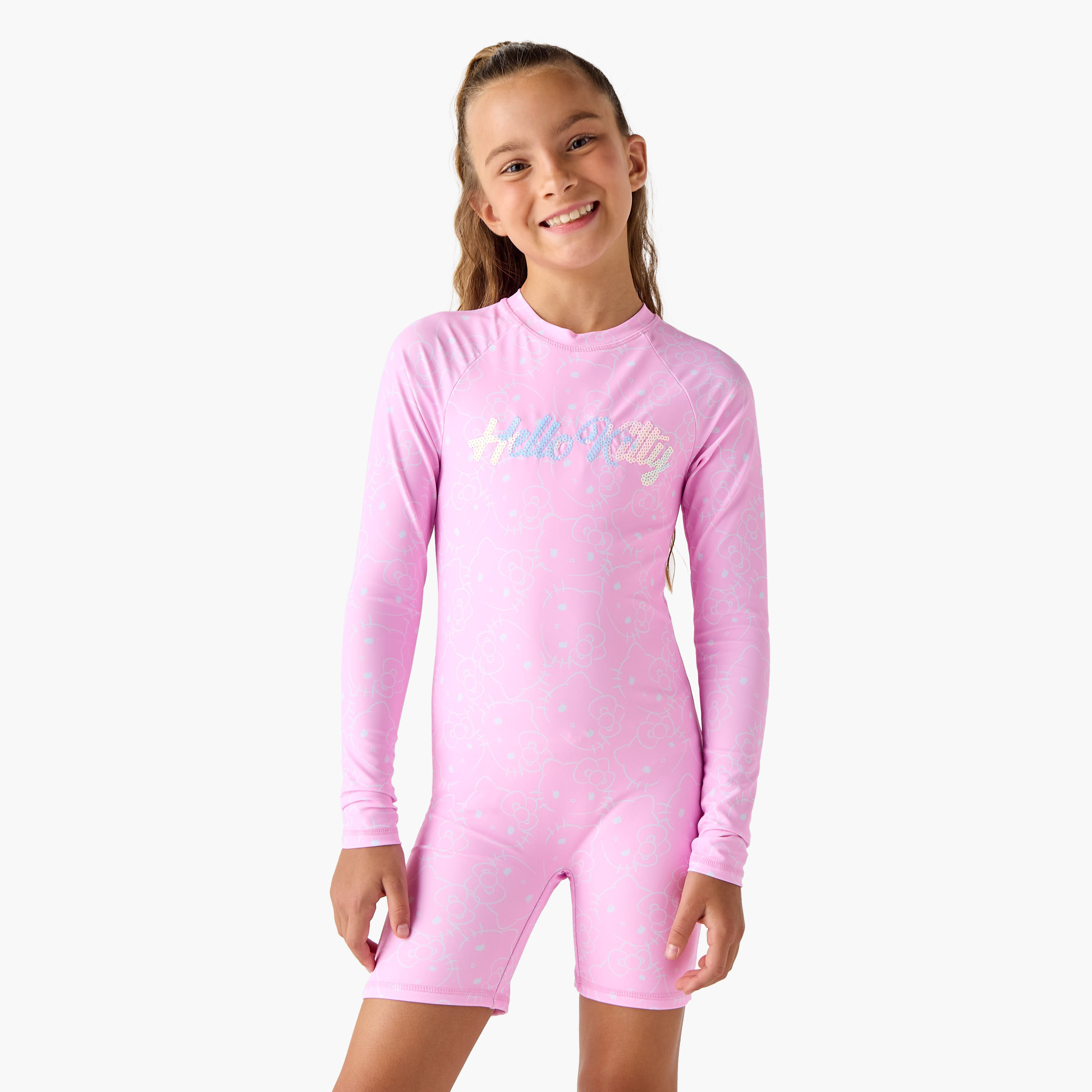 Sanrio Hello Kitty Print Swimsuit with Long Sleeves-girls-clothing-sportswear-swimwear-image-1