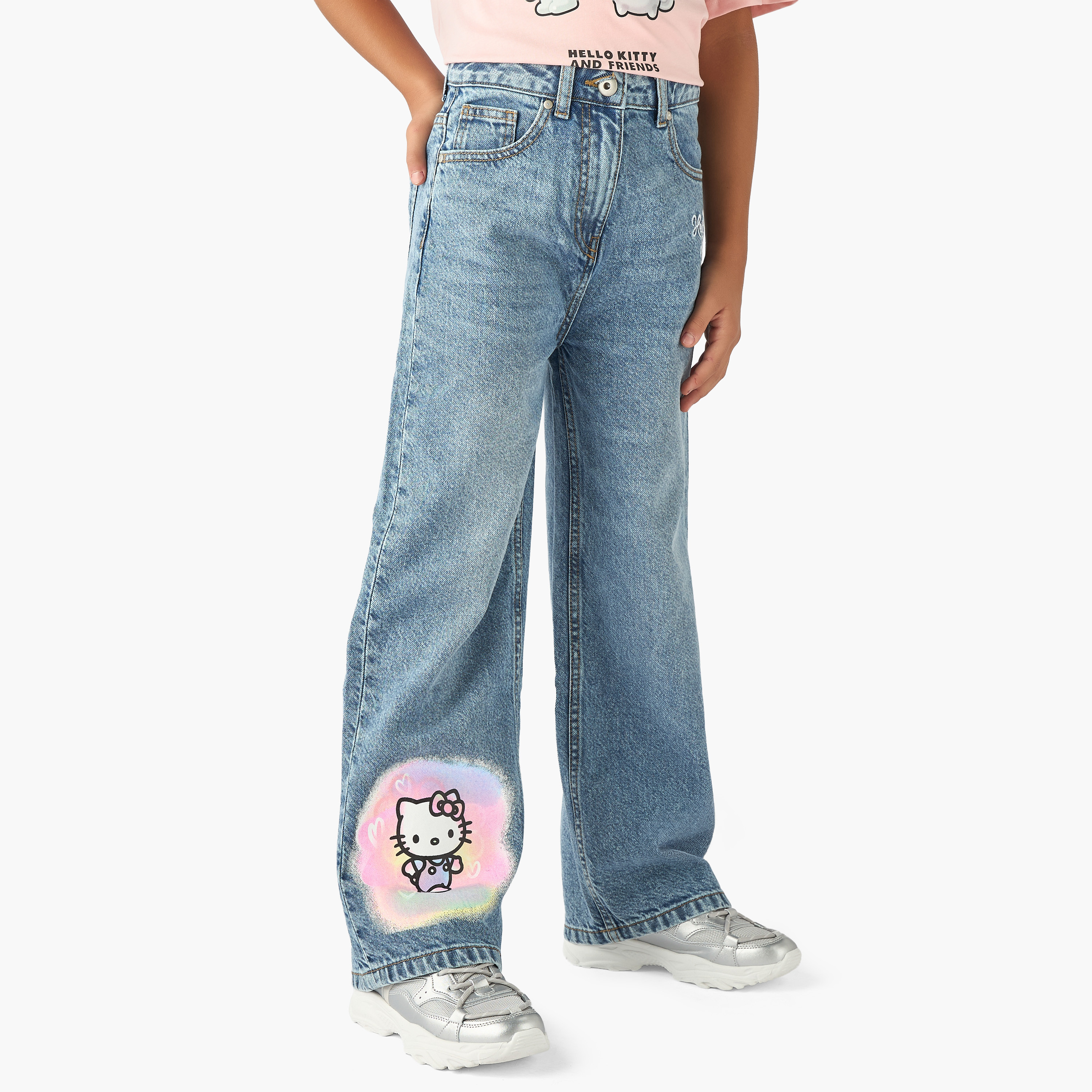 Sanrio Hello Kitty Print Jeans with Button Closure-girls-clothing-bottoms-jeansandjeggings-image-1