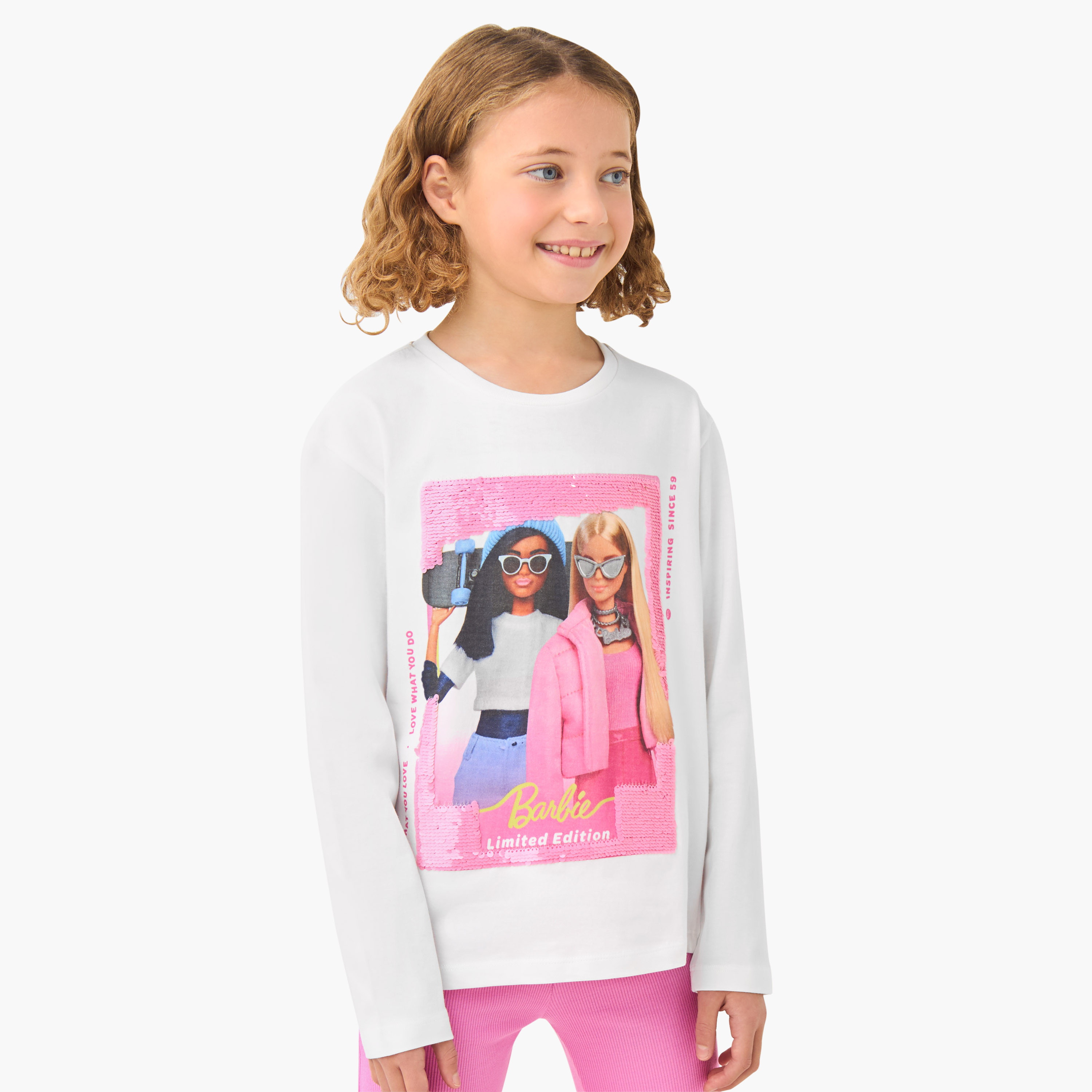 Girls T-shirt with Sequin Detail Barbie Print - Cotton - Long Sleeves-girls-clothing-tshirts-image-1