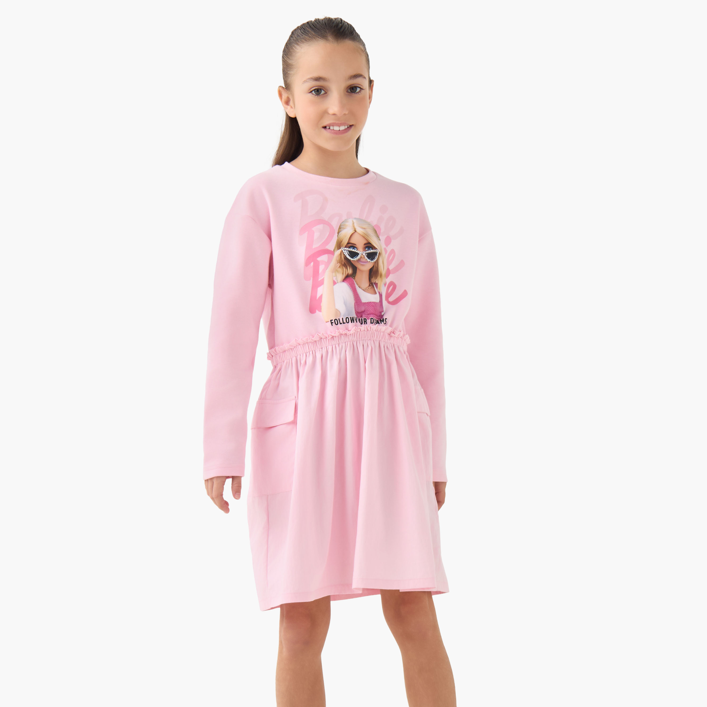 Round Neck Long Sleeves Dress with Barbie Print-girls-clothing-dressesandjumpsuits-image-1