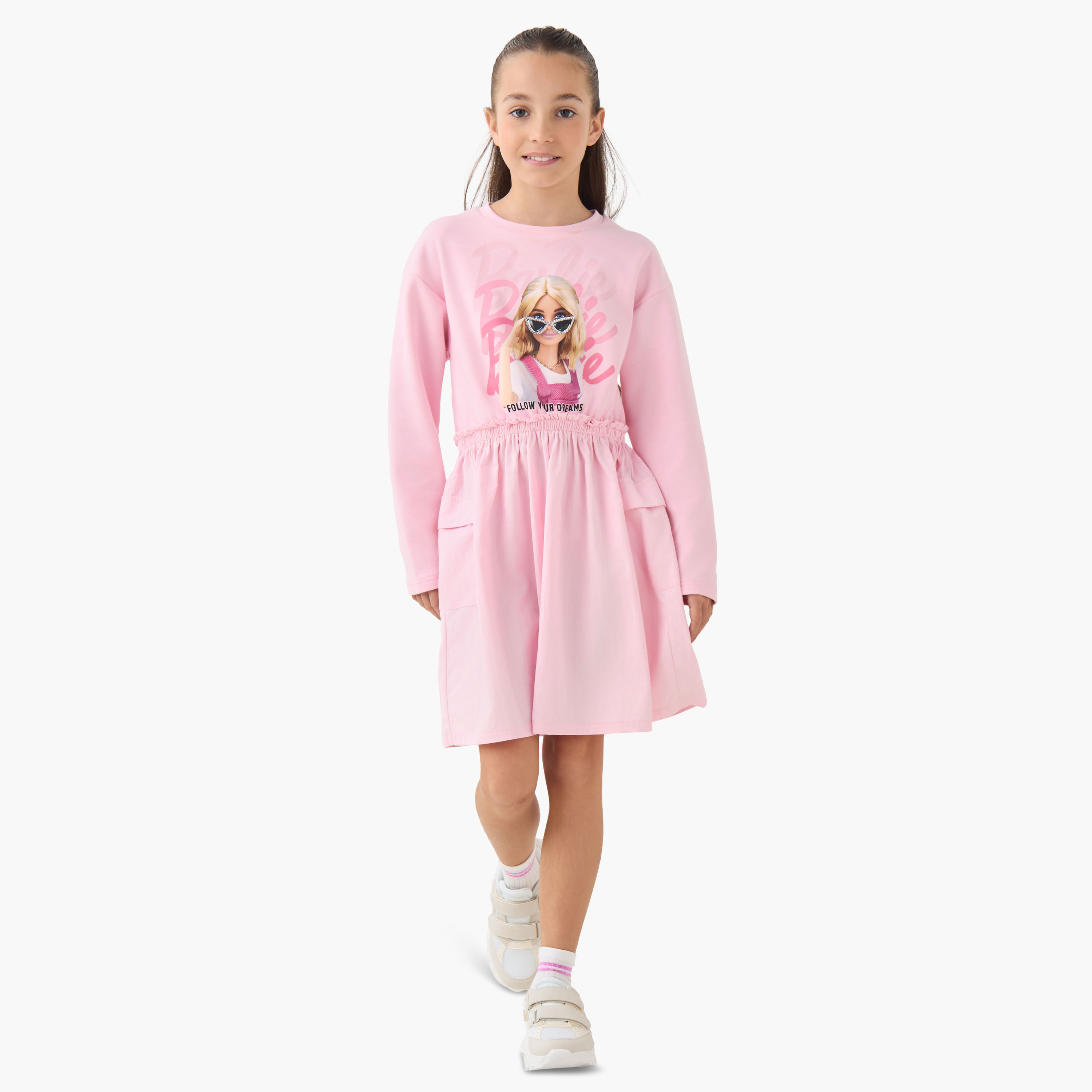 Round Neck Long Sleeves Dress with Barbie Print-girls-clothing-dressesandjumpsuits-image-2