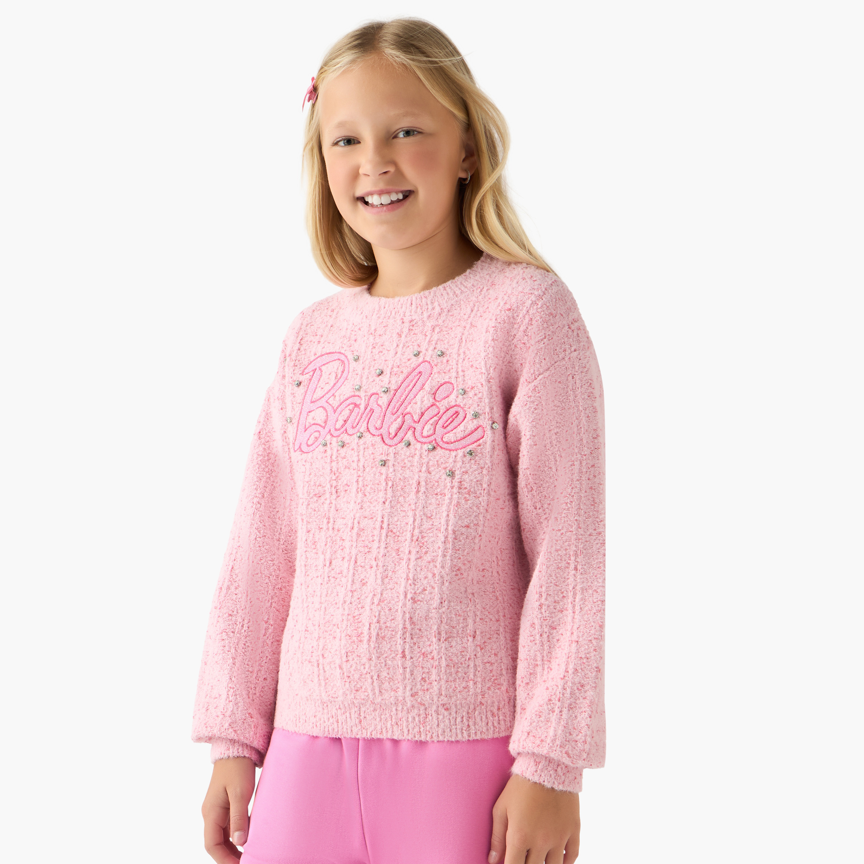 Barbie Embellished Sweater with Long Sleeves-girls-clothing-winterwear-jacketsandcoats-image-1