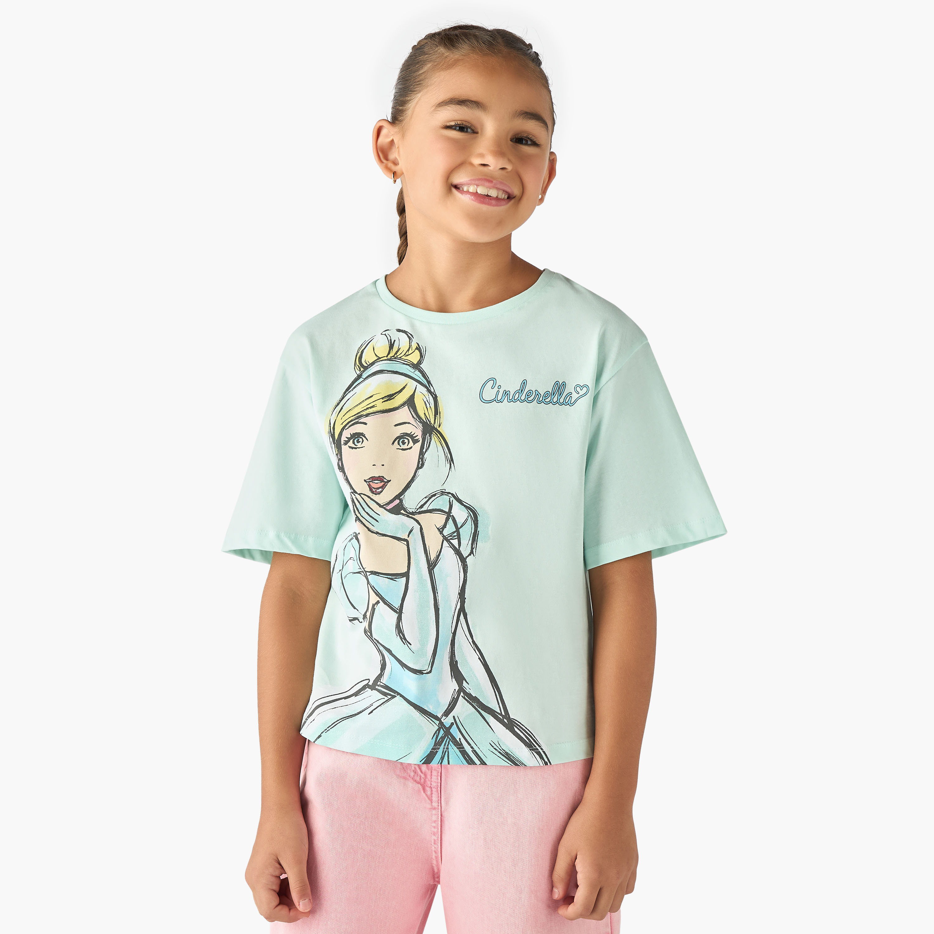 Disney Cinderella Print T-shirt with Crew Neck-girls-clothing-tshirts-image-1
